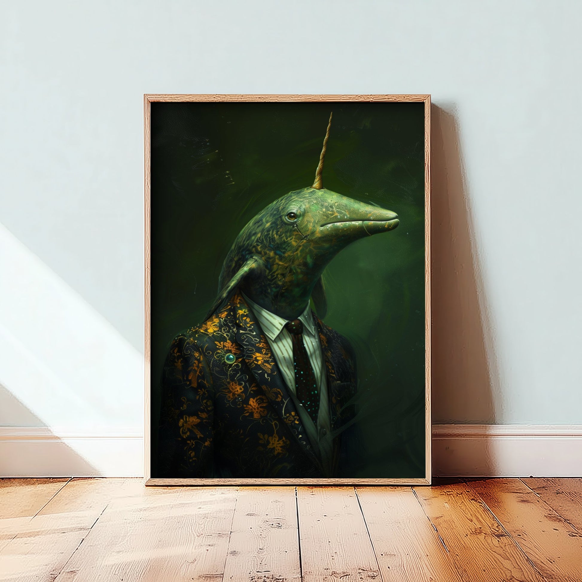 Narwhal in a Suit Art Print - Moody Animal Portrait Illustration - Quirky Office Poster 1/3
