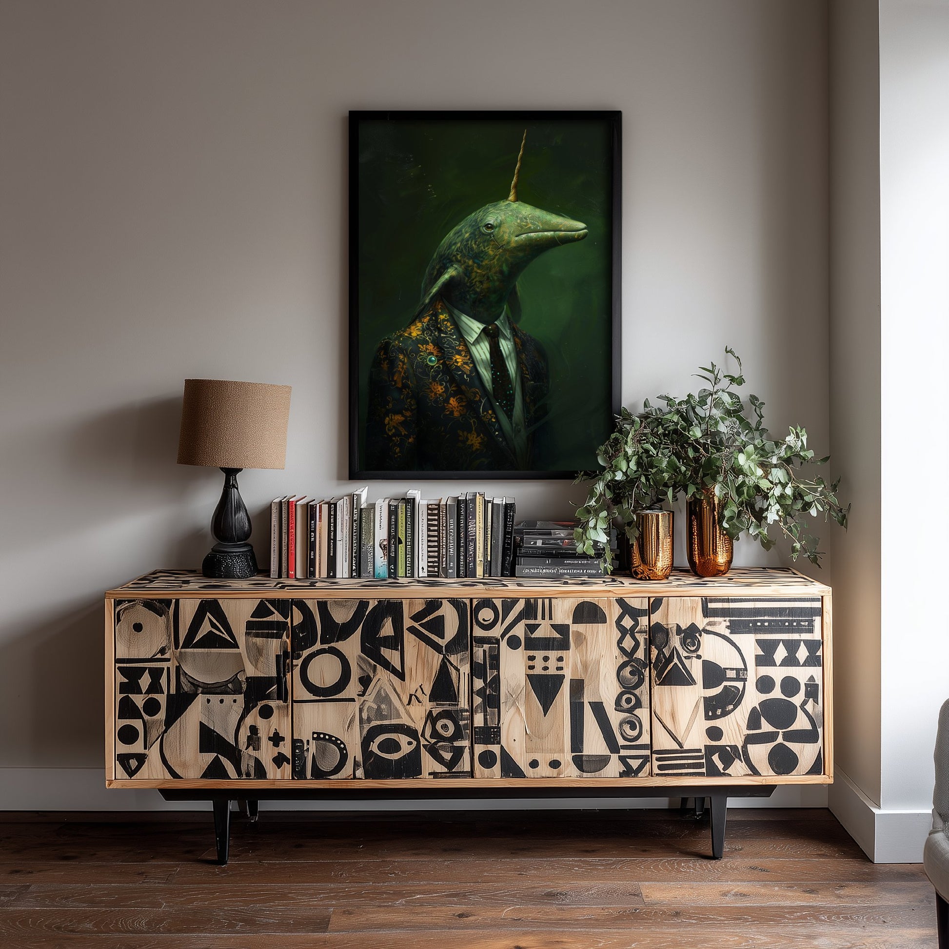 Narwhal in a Suit Art Print - Moody Animal Portrait Illustration - Quirky Office Poster 1/3