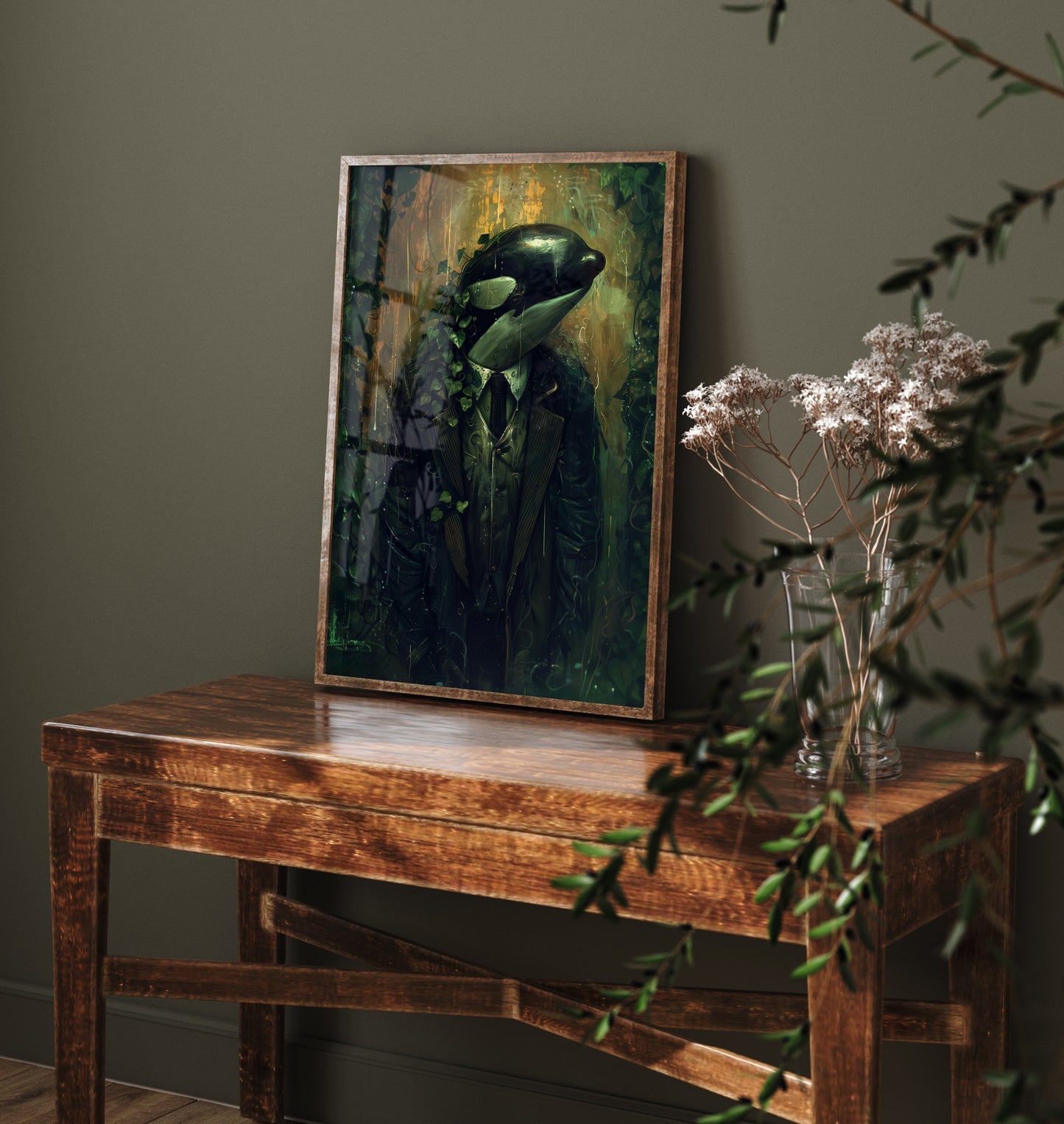 Orca in a Suit Art Print - Moody Animal Portrait Illustration - Quirky Office Poster 2/3