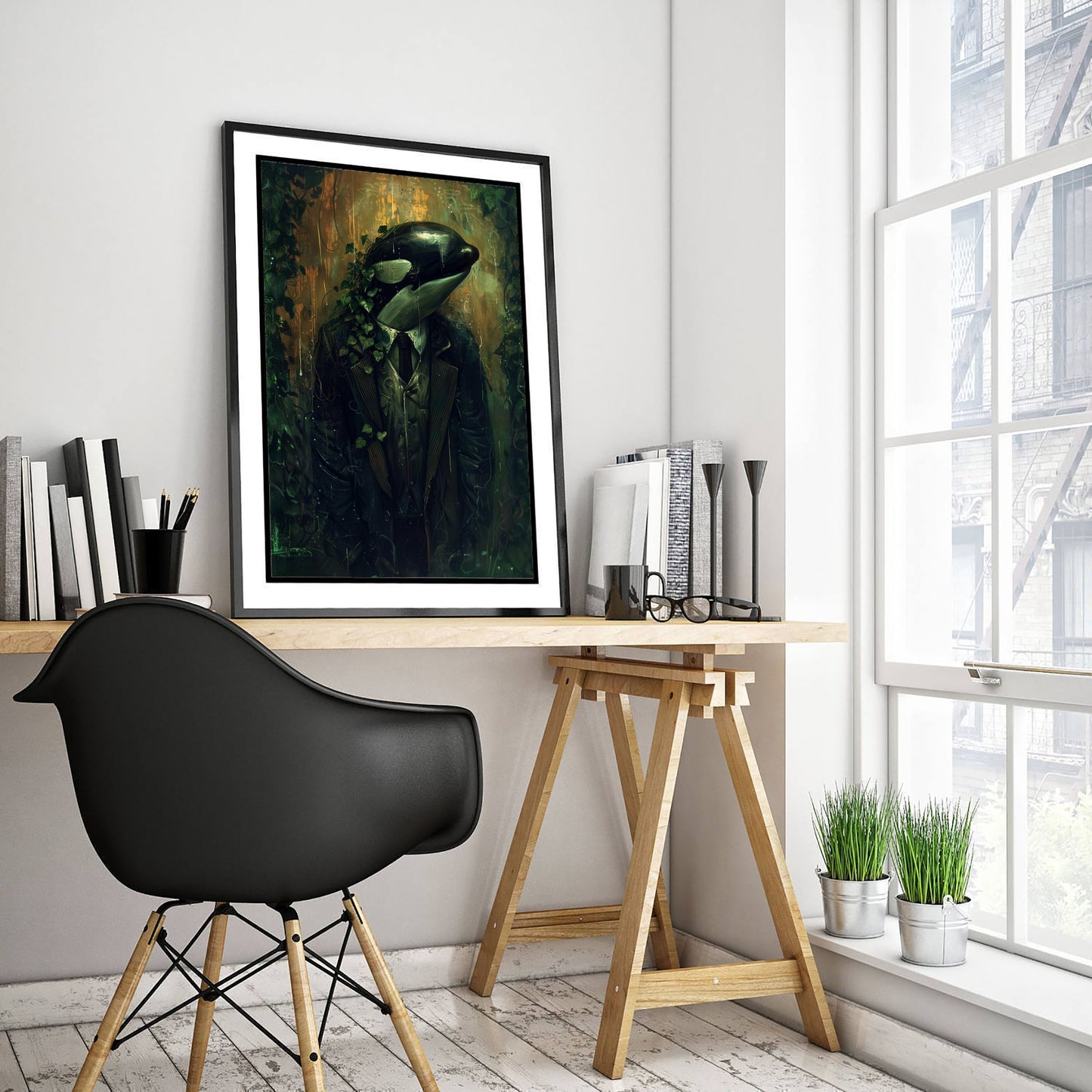 Orca in a Suit Art Print - Moody Animal Portrait Illustration - Quirky Office Poster 2/3