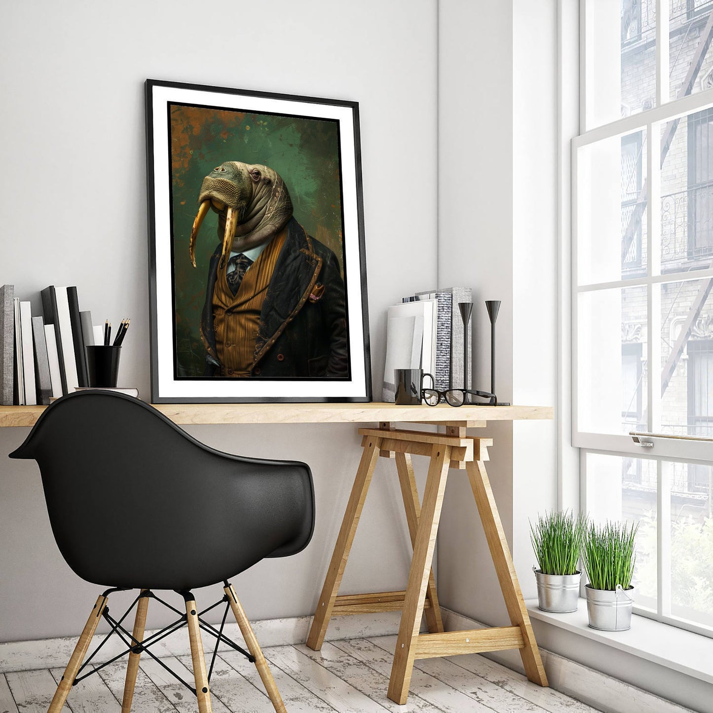 Walrus in a Suit Art Print - Moody Animal Portrait Illustration - Quirky Office Poster 3/3