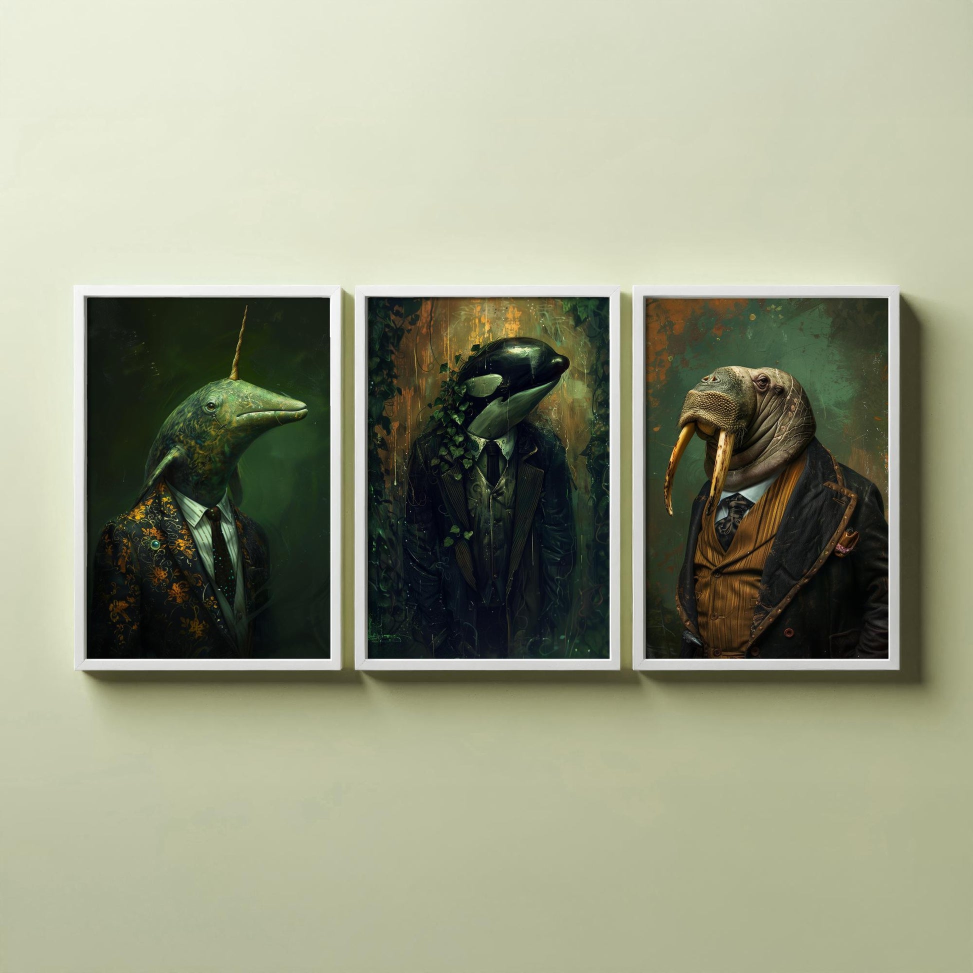 Animals in Suits Antarctic Expedition Set of Three Art Prints - Narwhal, Orca, Walrus Posters - Dark Ocean Dandy Painting
