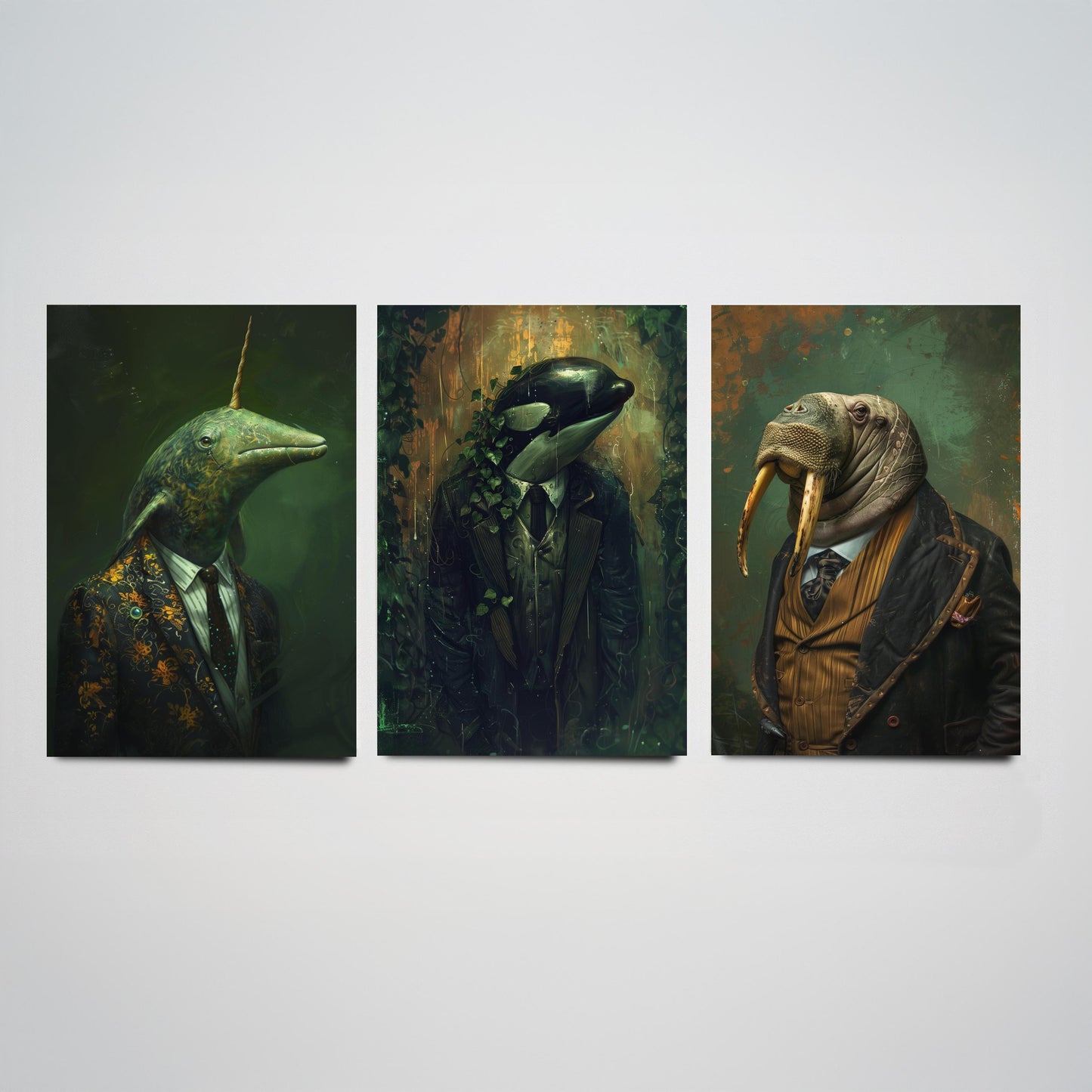 Animals in Suits Antarctic Expedition Set of Three Art Prints - Narwhal, Orca, Walrus Posters - Dark Ocean Dandy Painting
