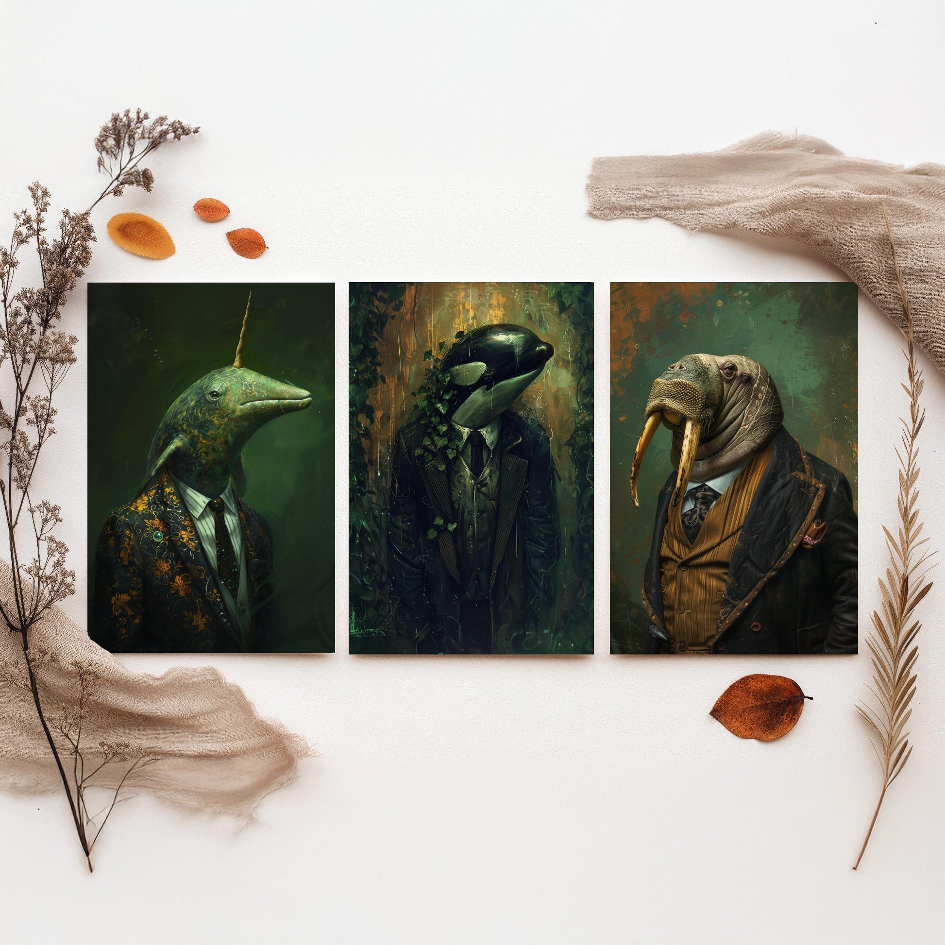 Animals in Suits Antarctic Expedition Set of Three Art Prints - Narwhal, Orca, Walrus Posters - Dark Ocean Dandy Painting