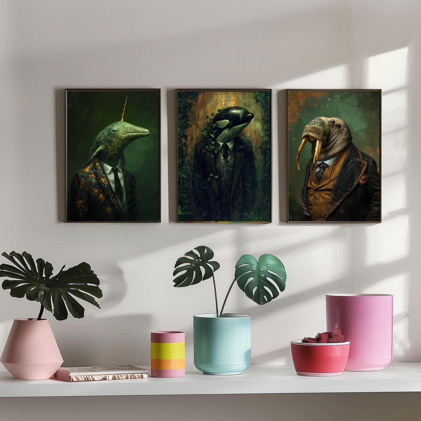 Animals in Suits Antarctic Expedition Set of Three Art Prints - Narwhal, Orca, Walrus Posters - Dark Ocean Dandy Painting