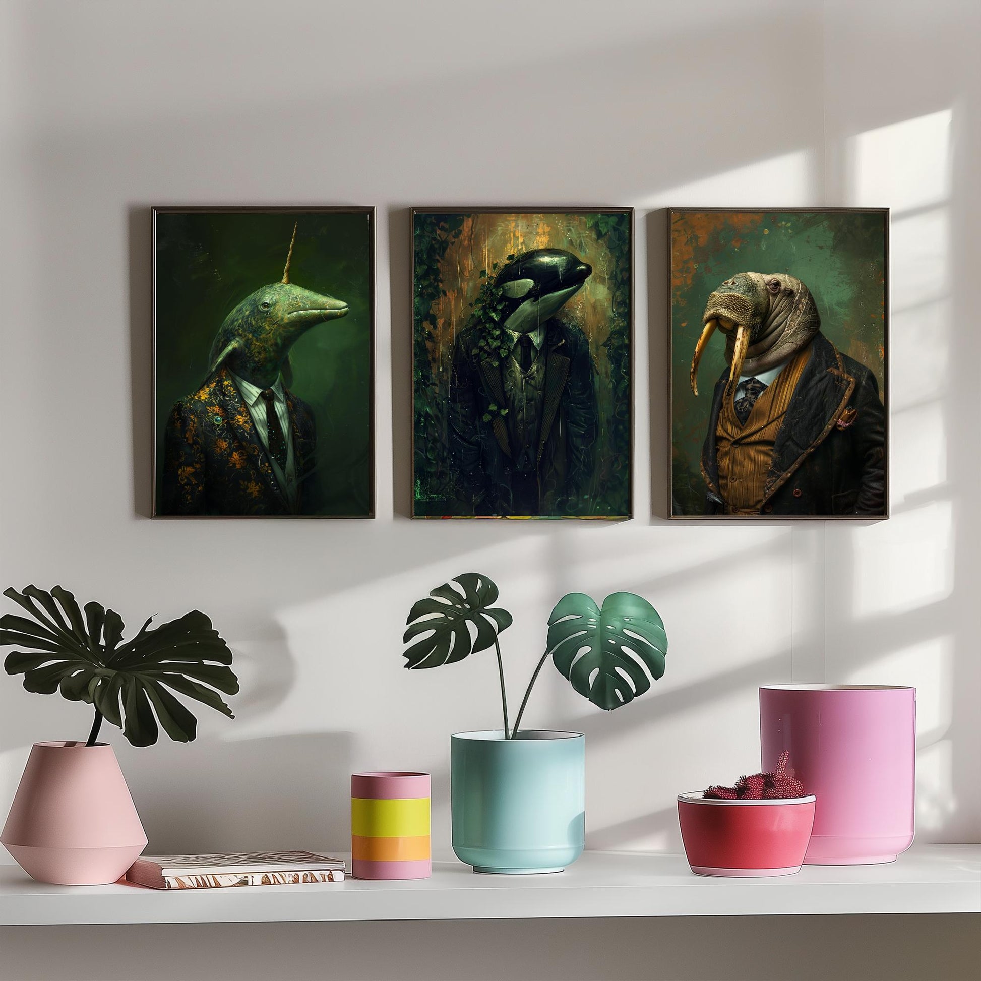 Animals in Suits Antarctic Expedition Set of Three Art Prints - Narwhal, Orca, Walrus Posters - Dark Ocean Dandy Painting