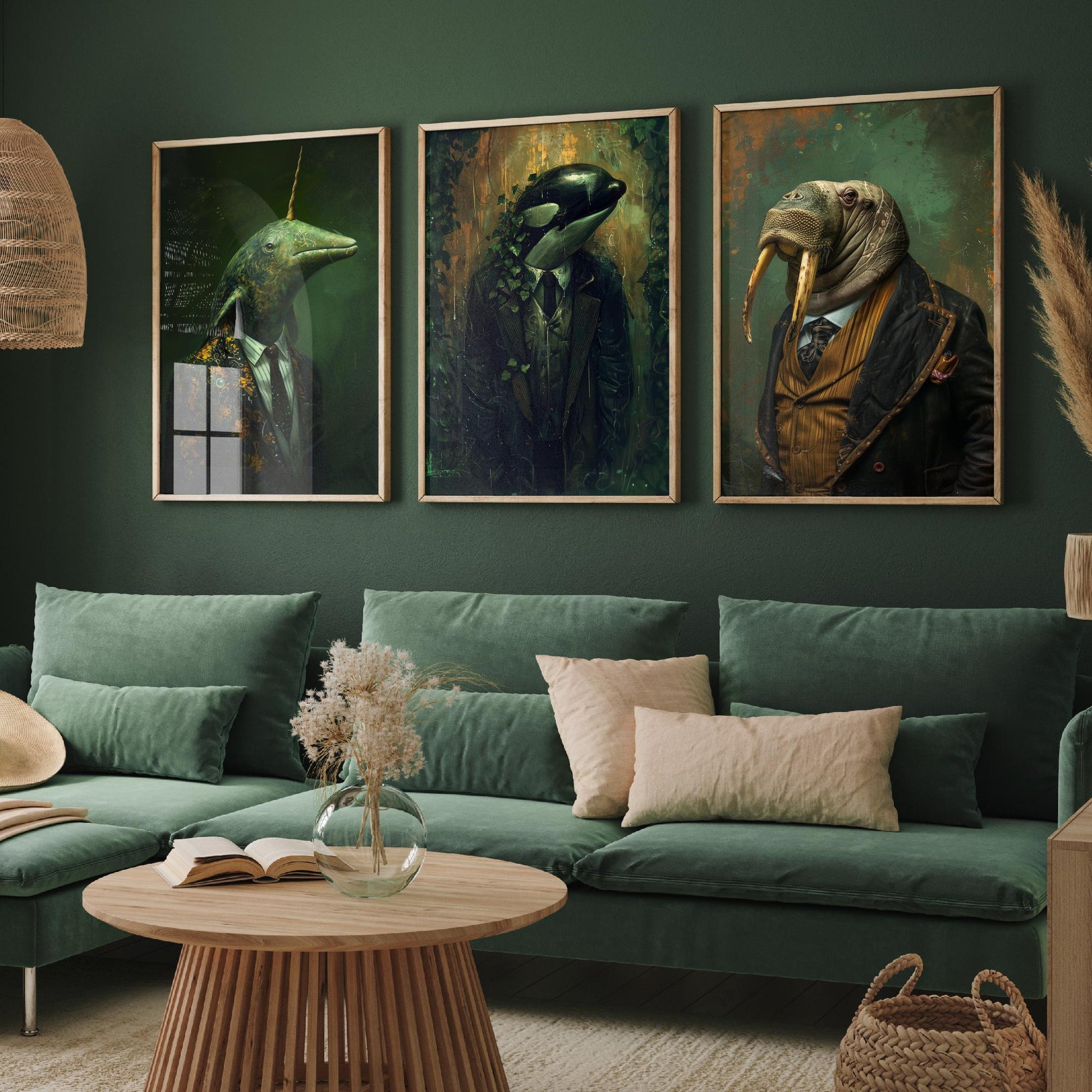 Animals in Suits Antarctic Expedition Set of Three Art Prints - Narwhal, Orca, Walrus Posters - Dark Ocean Dandy Painting