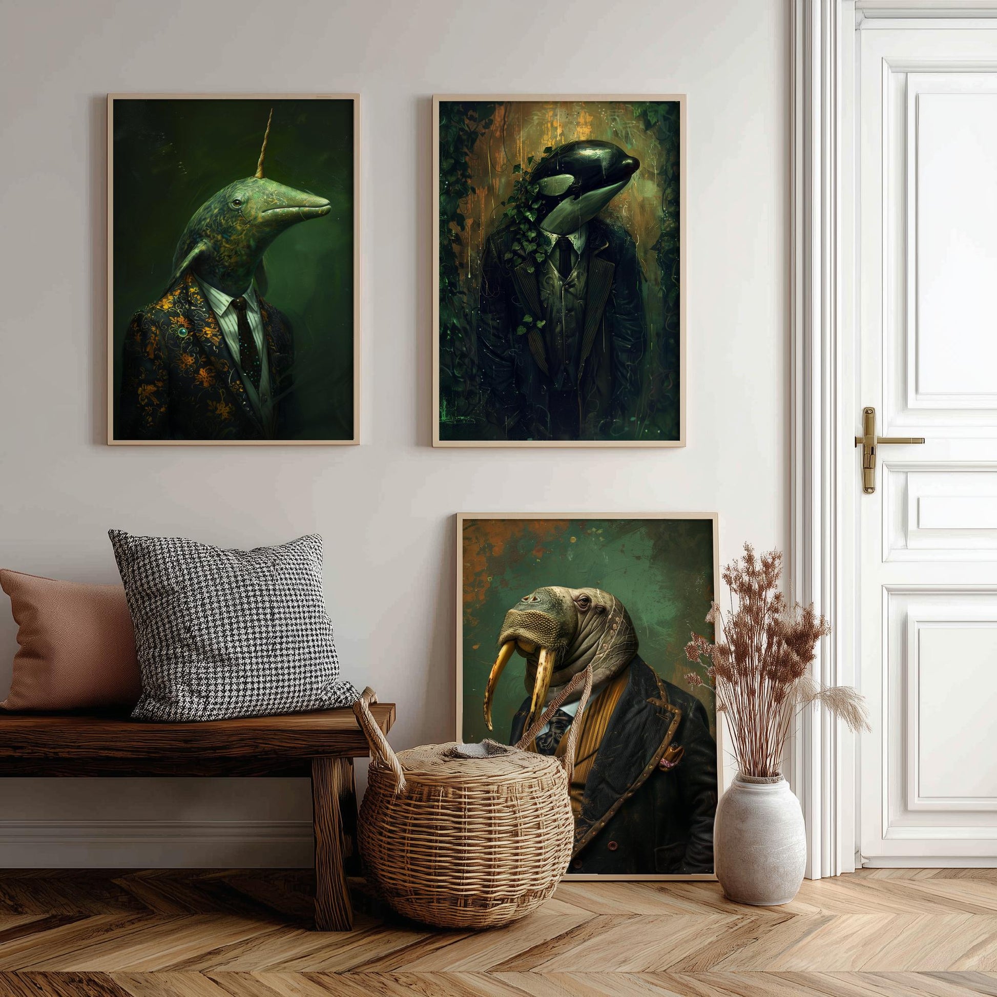 Animals in Suits Antarctic Expedition Set of Three Art Prints - Narwhal, Orca, Walrus Posters - Dark Ocean Dandy Painting