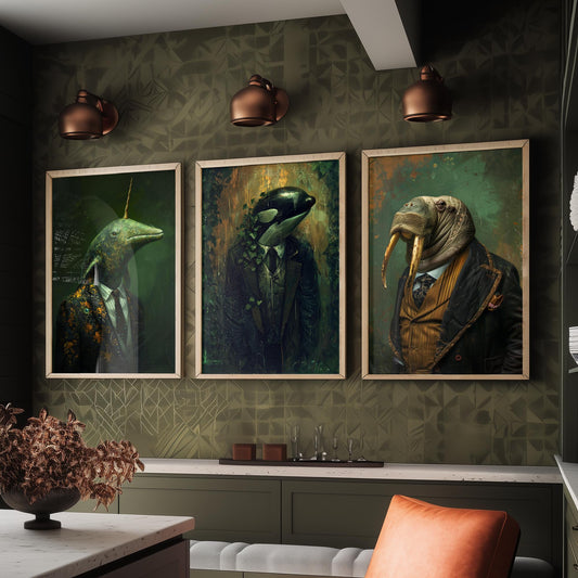 Animals in Suits Antarctic Expedition Set of Three Art Prints - Narwhal, Orca, Walrus Posters - Dark Ocean Dandy Painting