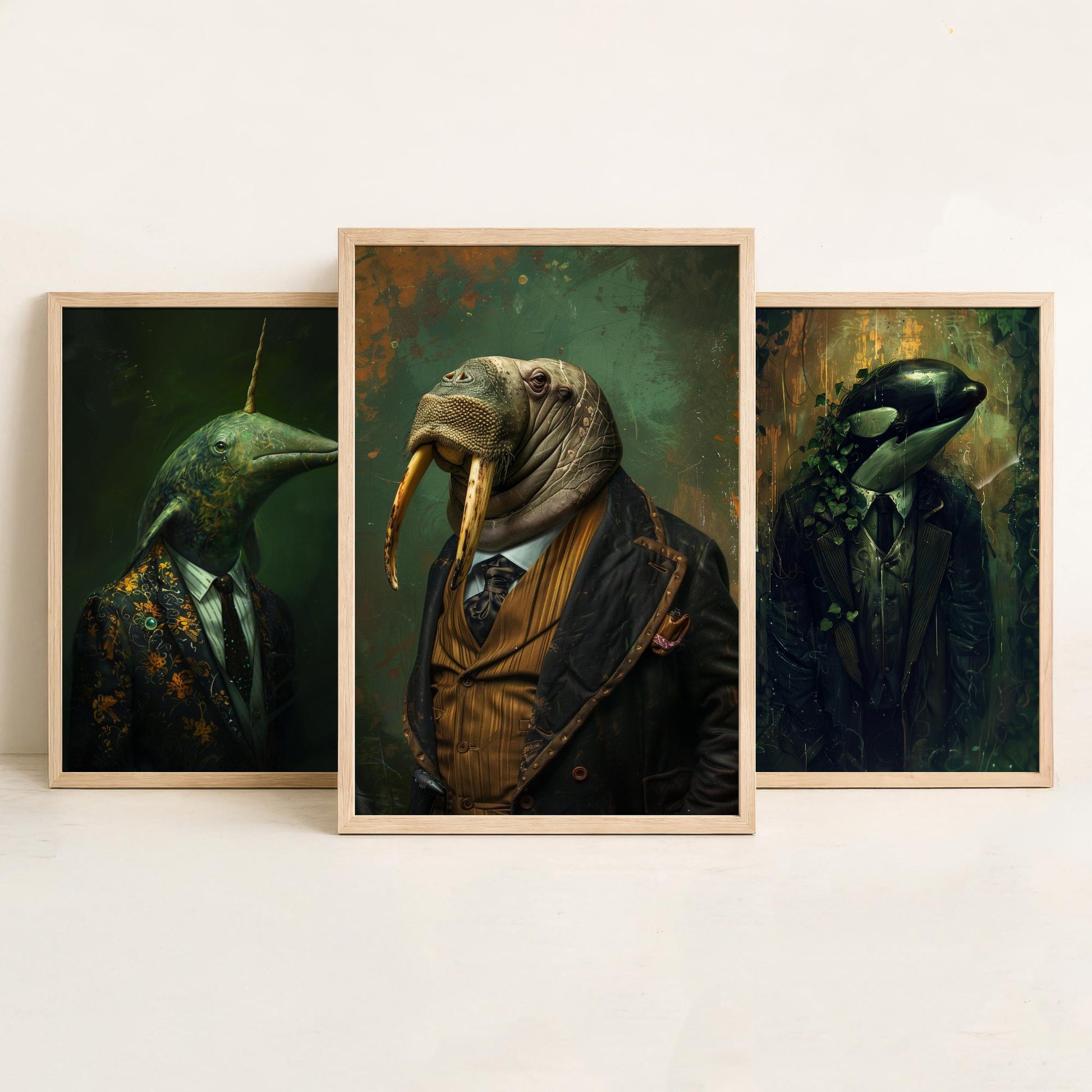 Animals in Suits Antarctic Expedition Set of Three Art Prints - Narwhal, Orca, Walrus Posters - Dark Ocean Dandy Painting