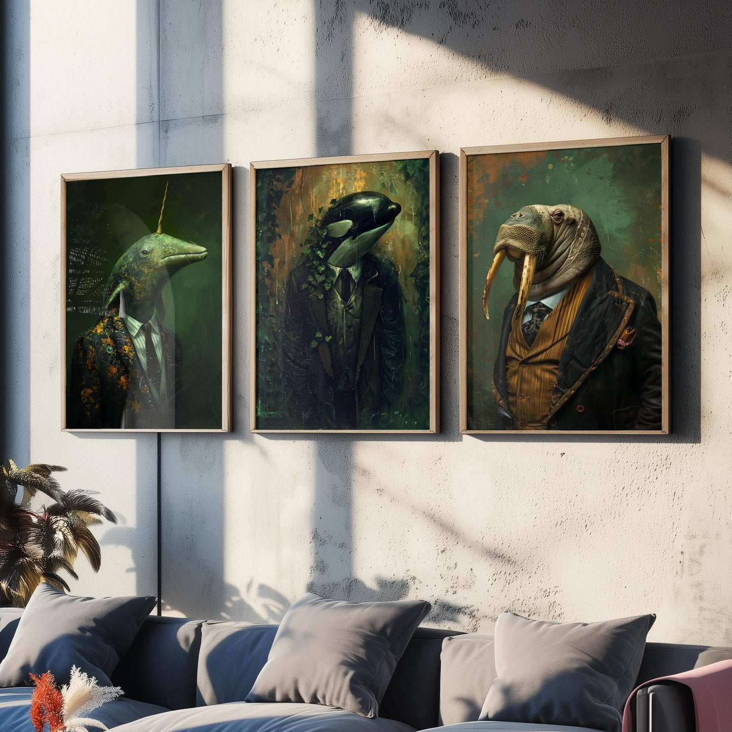 Animals in Suits Antarctic Expedition Set of Three Art Prints - Narwhal, Orca, Walrus Posters - Dark Ocean Dandy Painting