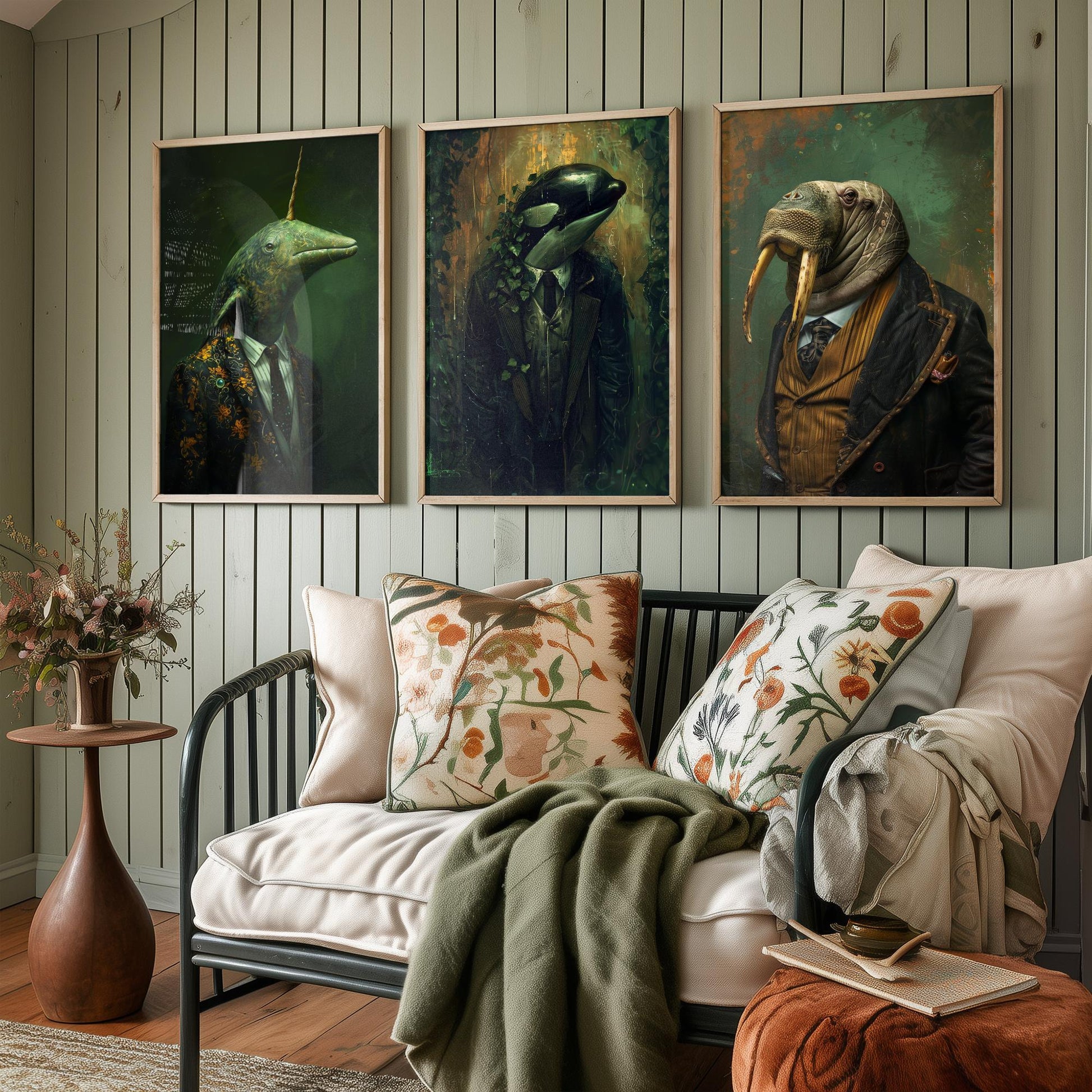 Animals in Suits Antarctic Expedition Set of Three Art Prints - Narwhal, Orca, Walrus Posters - Dark Ocean Dandy Painting