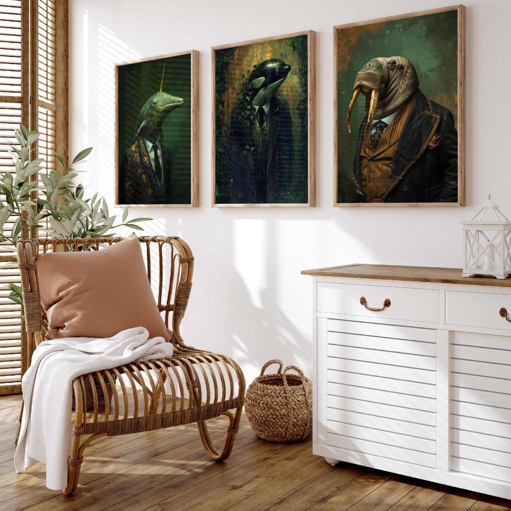 Animals in Suits Antarctic Expedition Set of Three Art Prints - Narwhal, Orca, Walrus Posters - Dark Ocean Dandy Painting