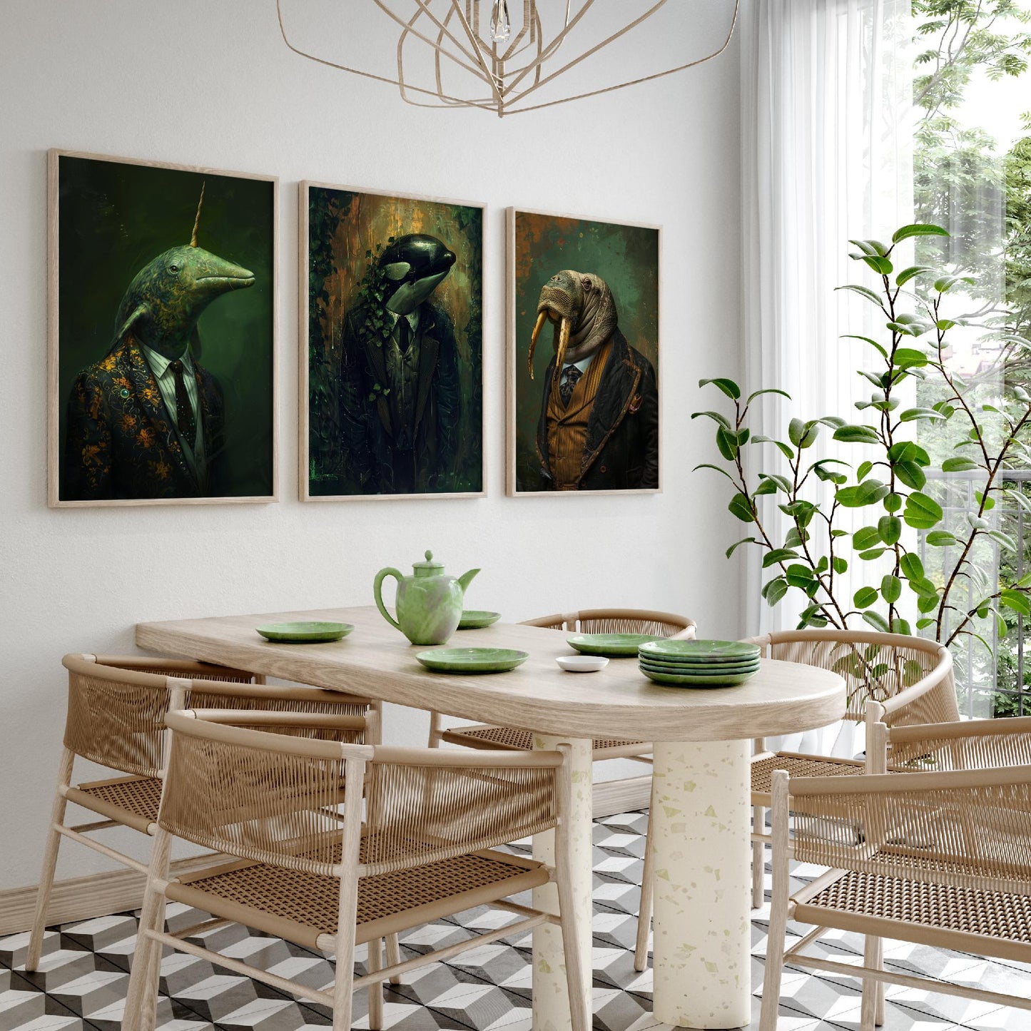 Animals in Suits Antarctic Expedition Set of Three Art Prints - Narwhal, Orca, Walrus Posters - Dark Ocean Dandy Painting
