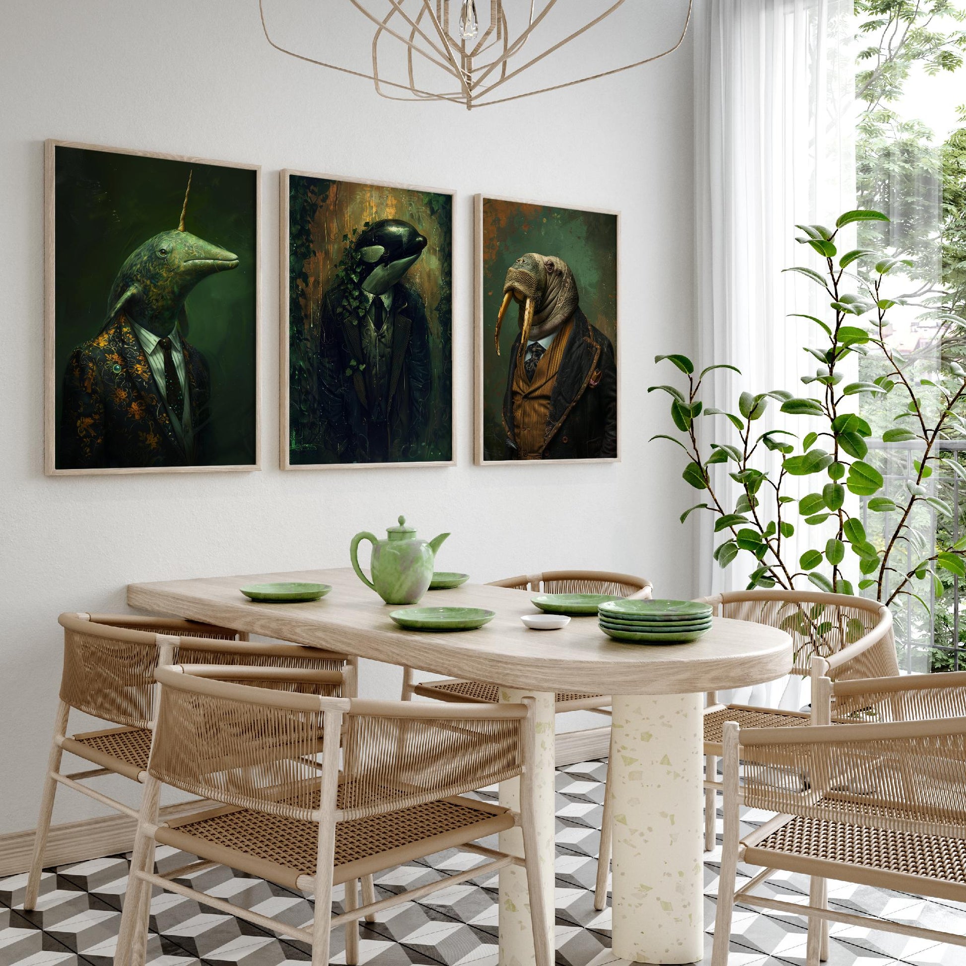 Animals in Suits Antarctic Expedition Set of Three Art Prints - Narwhal, Orca, Walrus Posters - Dark Ocean Dandy Painting
