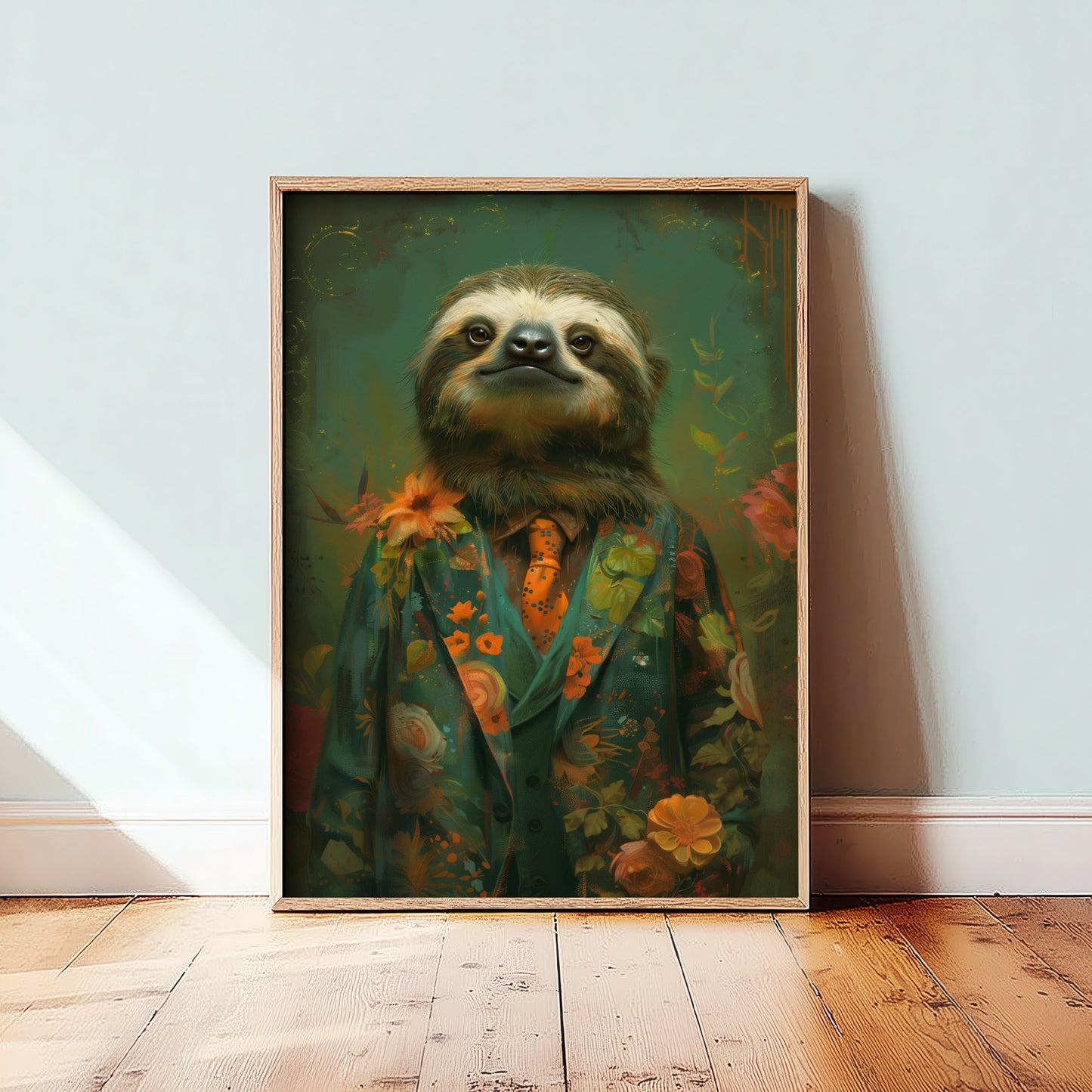 Sloth in a Suit Art Print - Whimsical Animal Portrait Poster - Quirky Sloth Painting - Floral Dandy 2/3