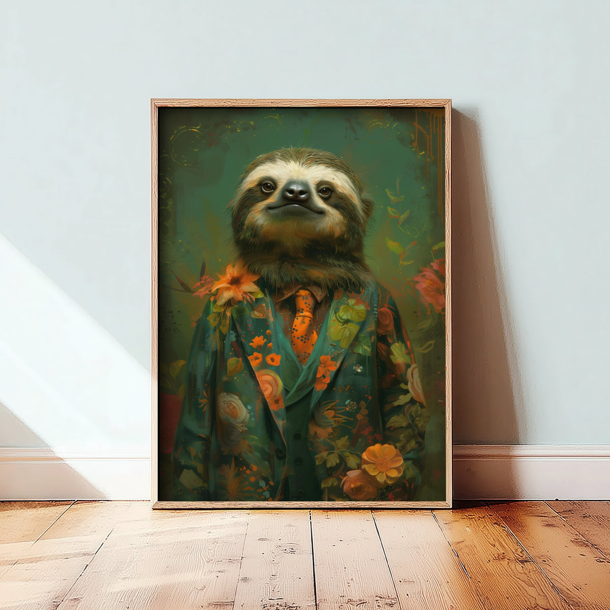 Sloth in a Suit Art Print - Whimsical Animal Portrait Poster - Quirky Sloth Painting - Floral Dandy 2/3