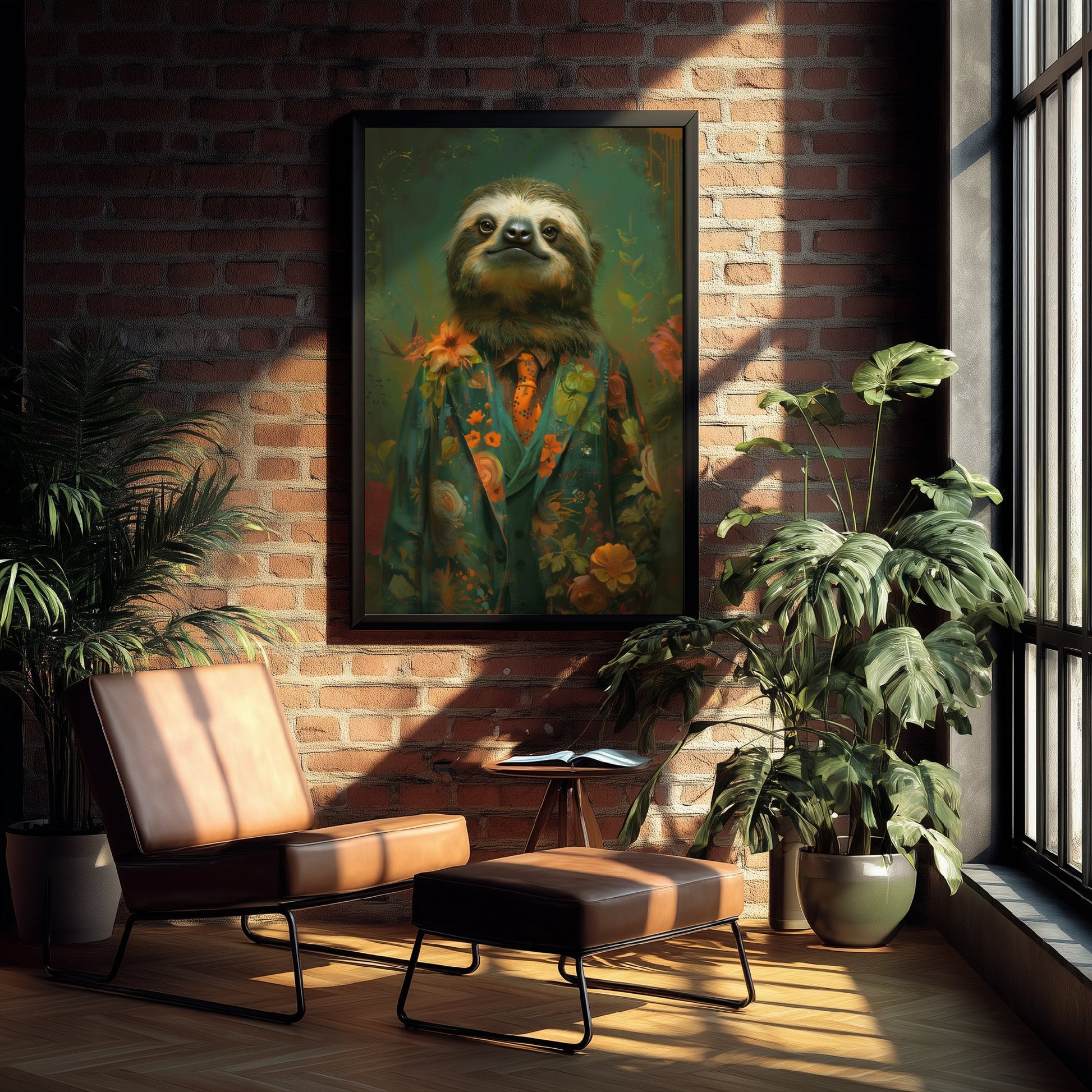 Sloth in a Suit Art Print - Whimsical Animal Portrait Poster - Quirky Sloth Painting - Floral Dandy 2/3