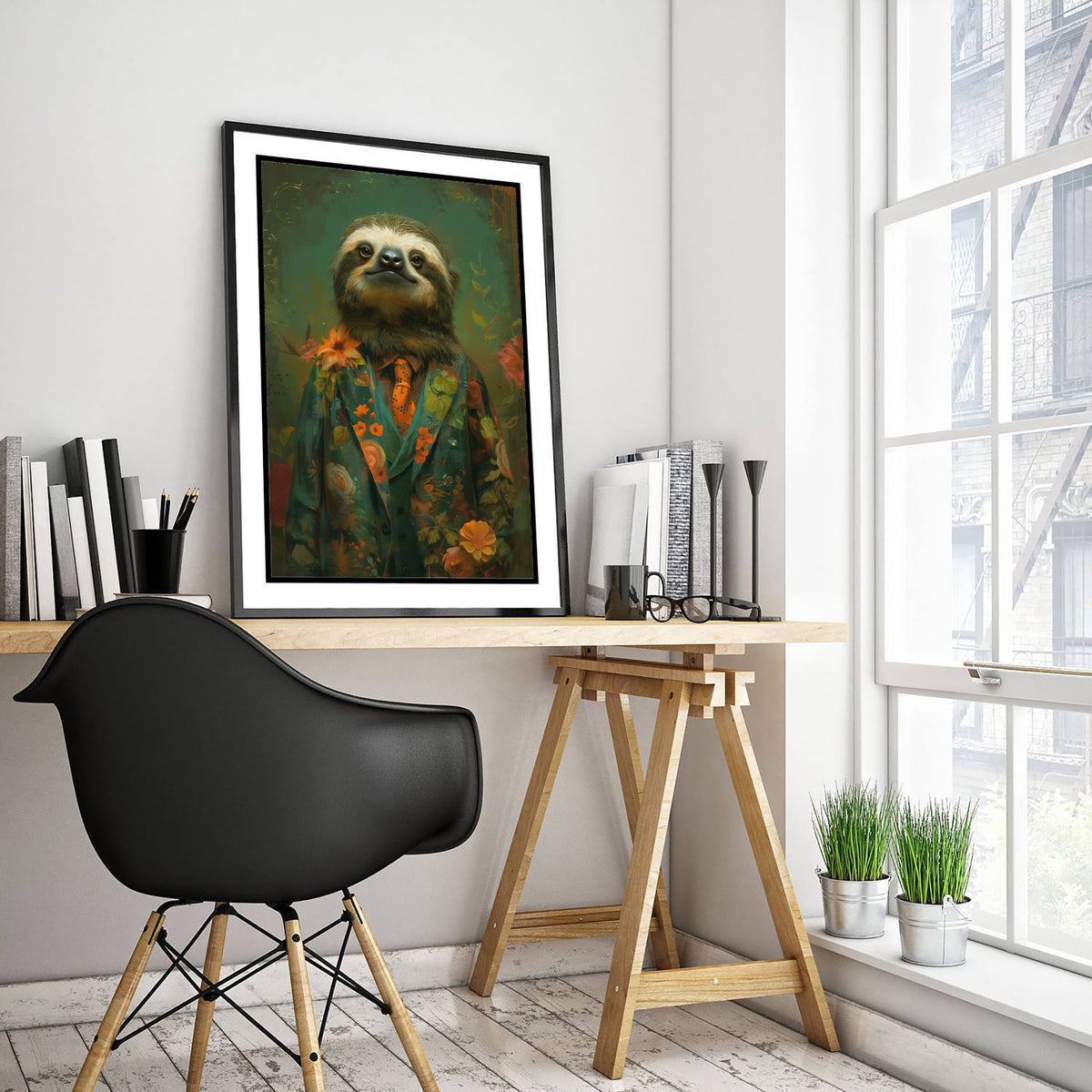 Sloth in a Suit Art Print - Whimsical Animal Portrait Poster - Quirky Sloth Painting - Floral Dandy 2/3