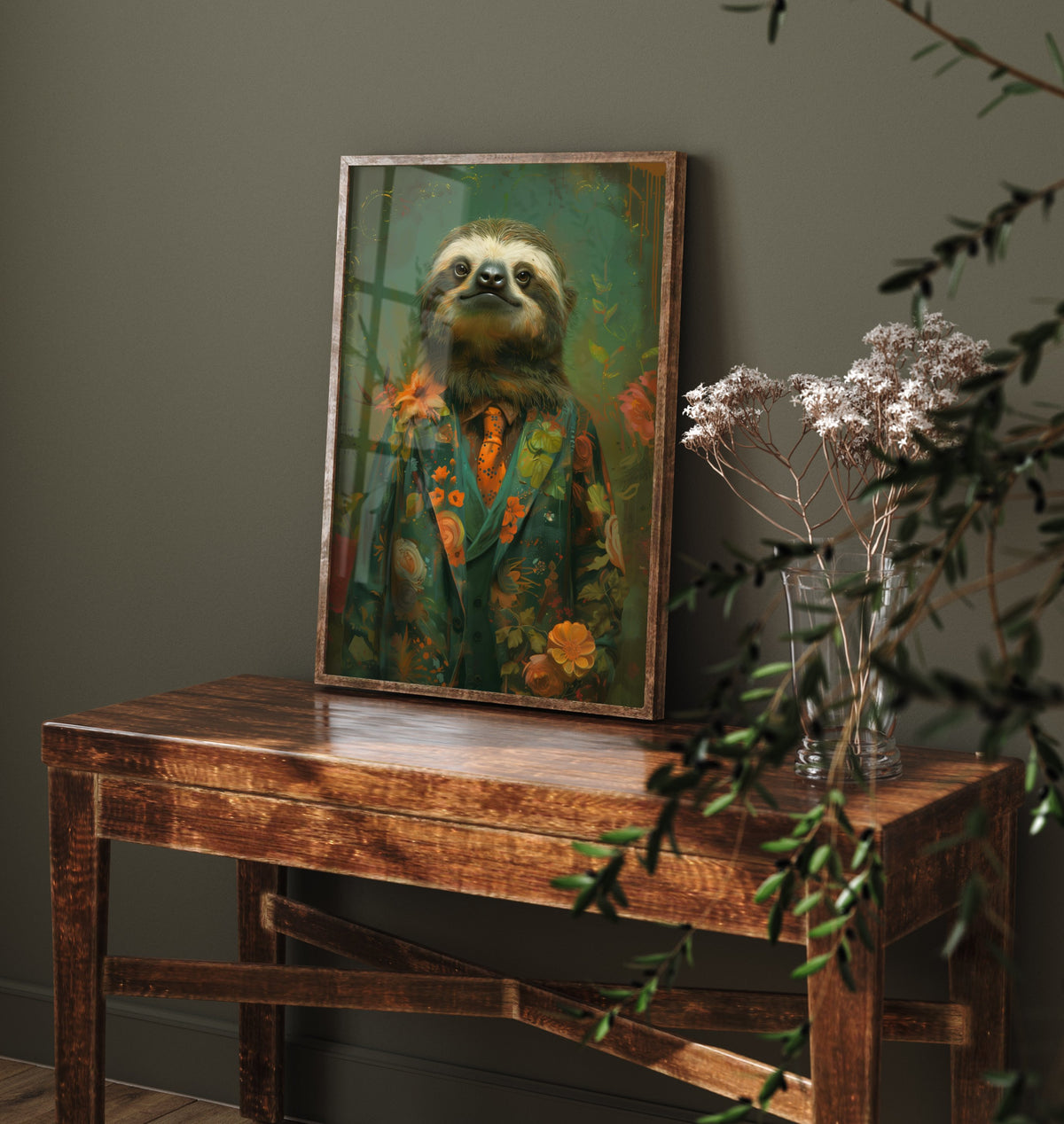 Sloth in a Suit Art Print - Whimsical Animal Portrait Poster - Quirky Sloth Painting - Floral Dandy 2/3