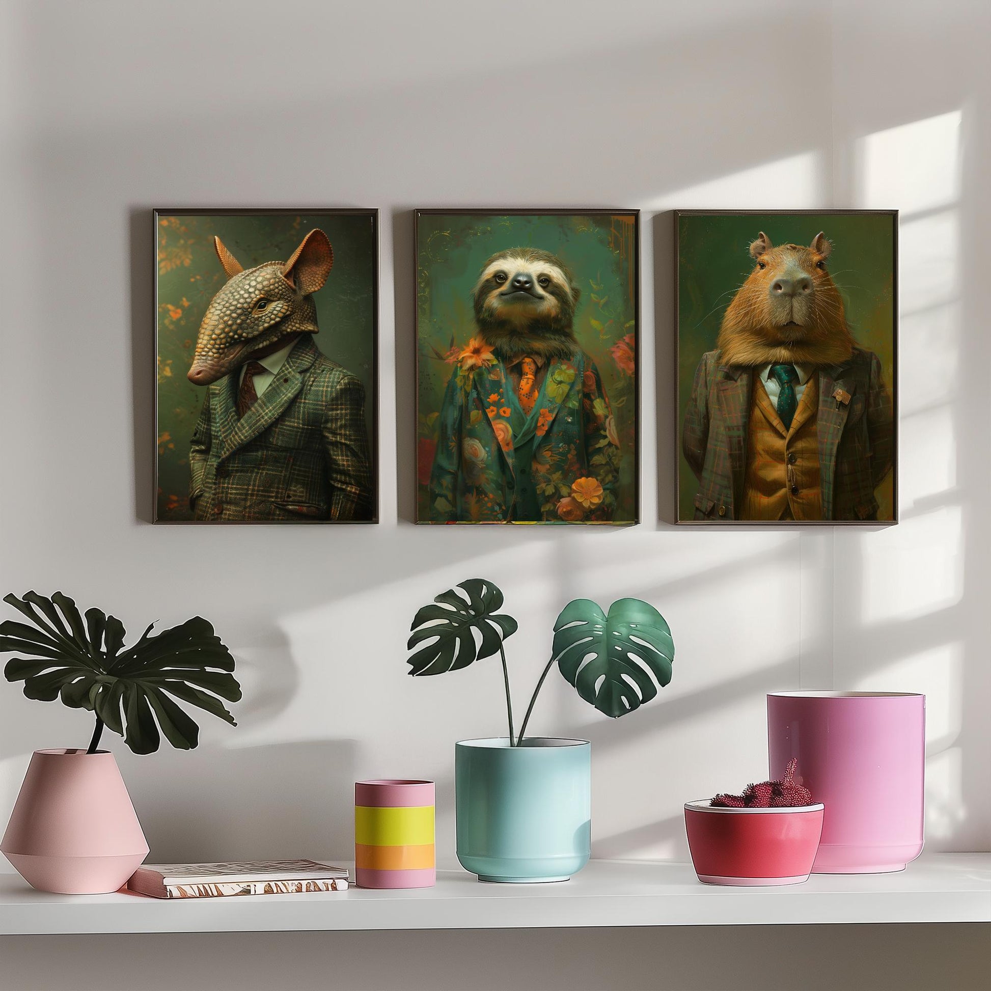 Animals in Suits Set of Three Art Prints - Armadillo, Sloth, Capybara Portrait Posters - Quirky Gentleman Animal Painting