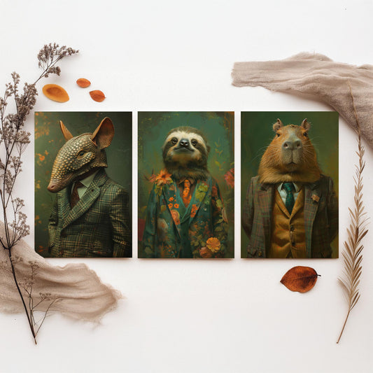 Animals in Suits Set of Three Art Prints - Armadillo, Sloth, Capybara Portrait Posters - Quirky Gentleman Animal Painting