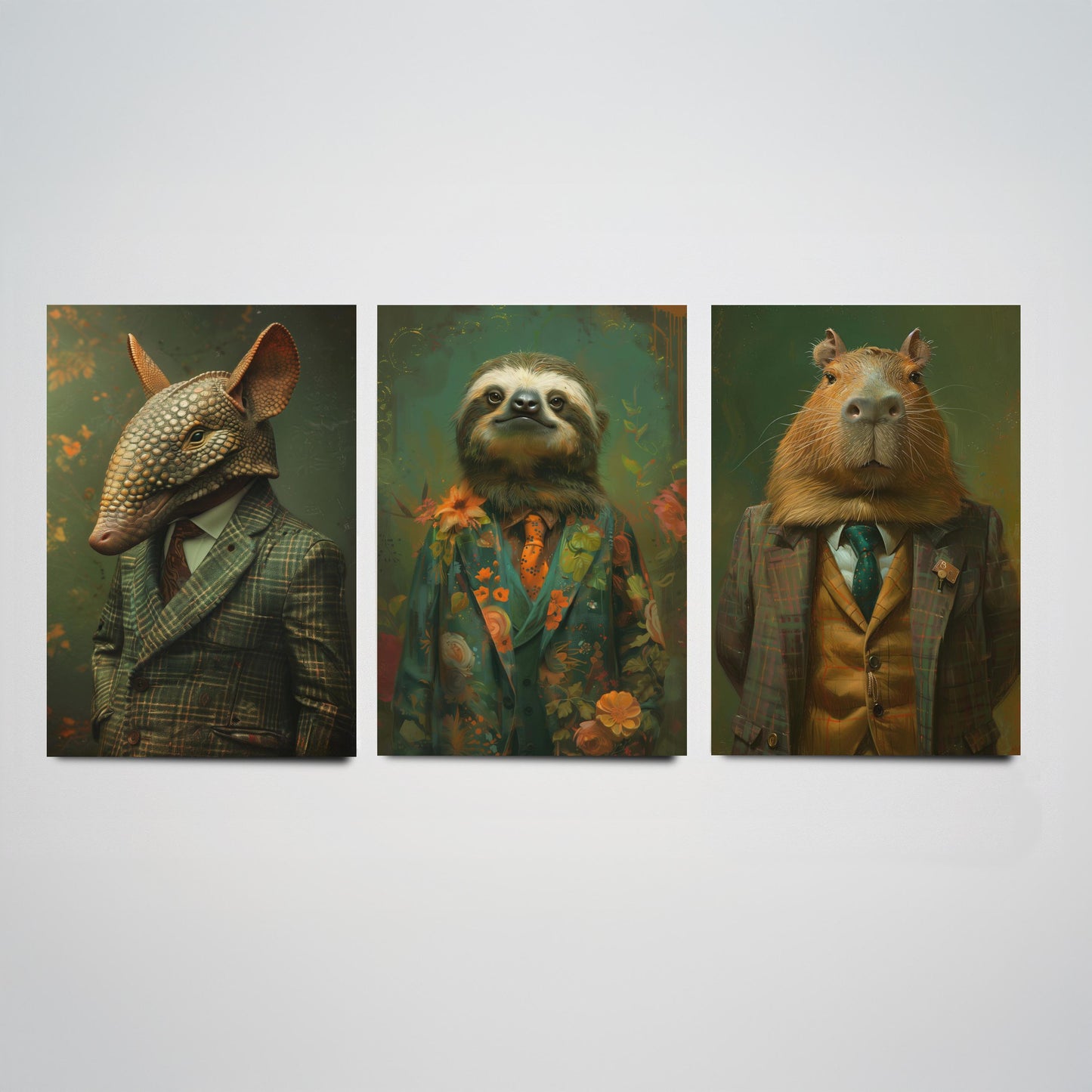 Animals in Suits Set of Three Art Prints - Armadillo, Sloth, Capybara Portrait Posters - Quirky Gentleman Animal Painting