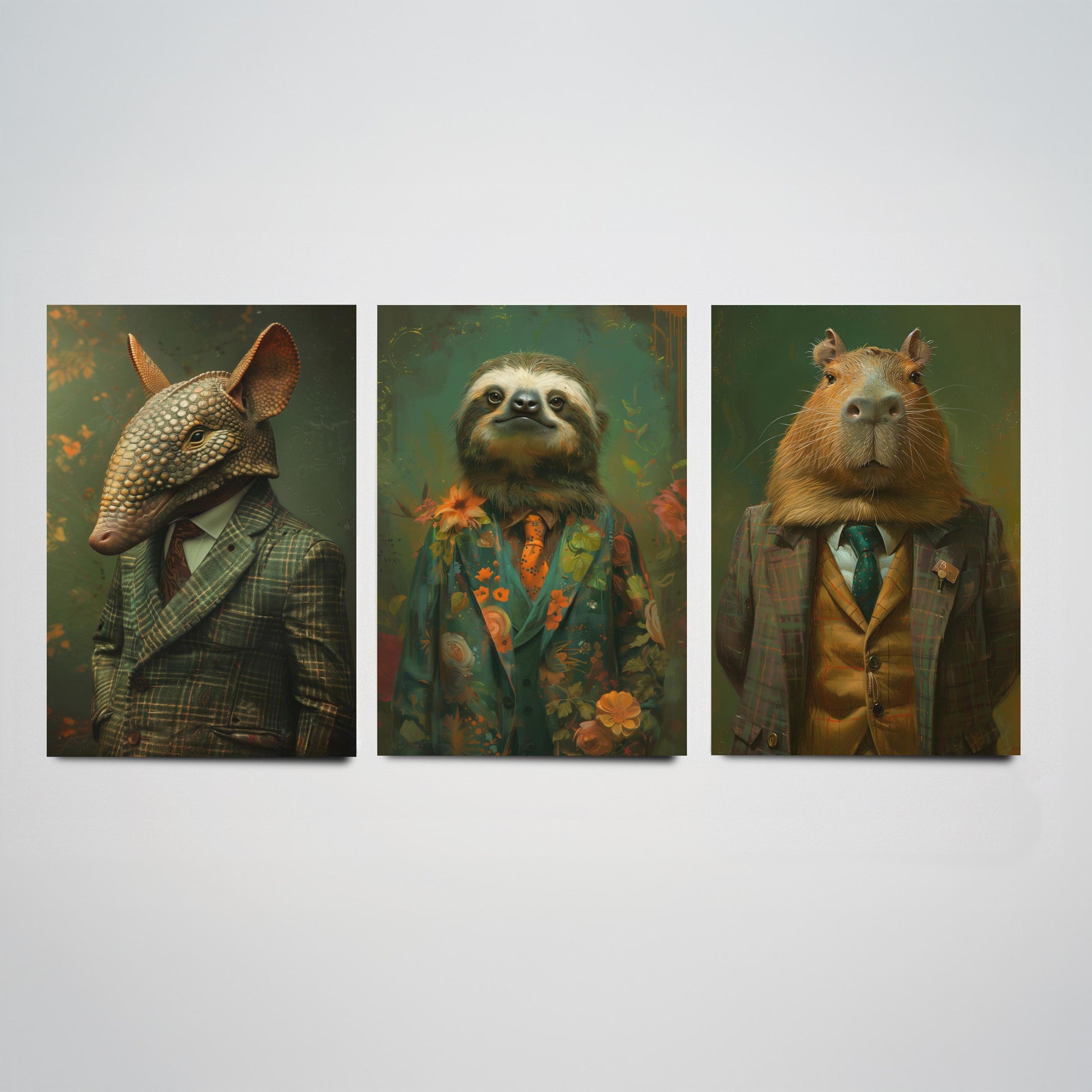 Animals in Suits Set of Three Art Prints - Armadillo, Sloth, Capybara Portrait Posters - Quirky Gentleman Animal Painting