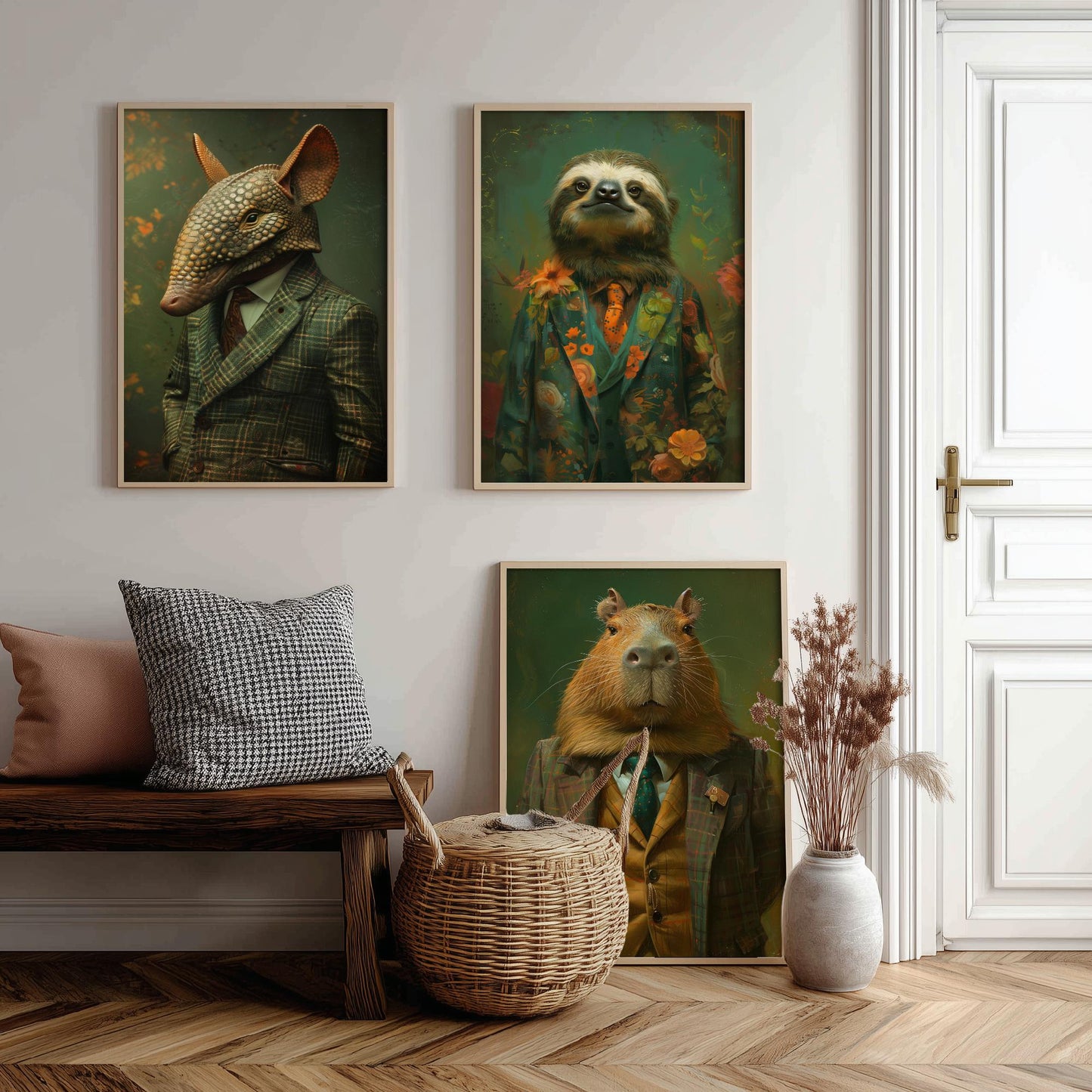 Animals in Suits Set of Three Art Prints - Armadillo, Sloth, Capybara Portrait Posters - Quirky Gentleman Animal Painting