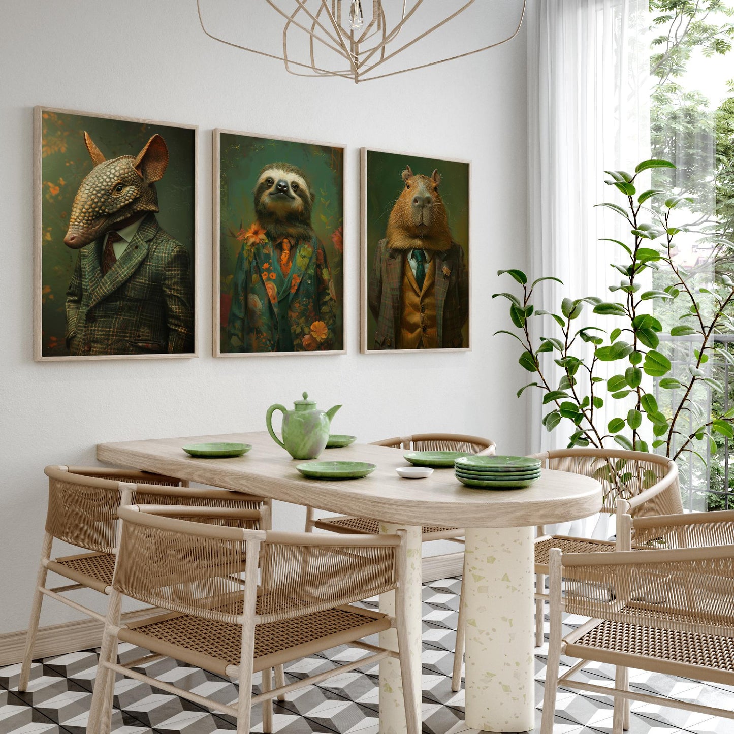 Animals in Suits Set of Three Art Prints - Armadillo, Sloth, Capybara Portrait Posters - Quirky Gentleman Animal Painting
