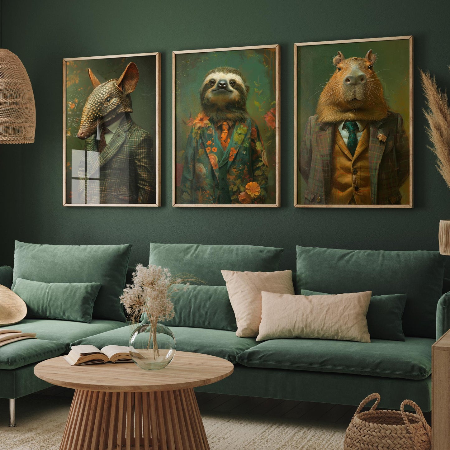 Animals in Suits Set of Three Art Prints - Armadillo, Sloth, Capybara Portrait Posters - Quirky Gentleman Animal Painting