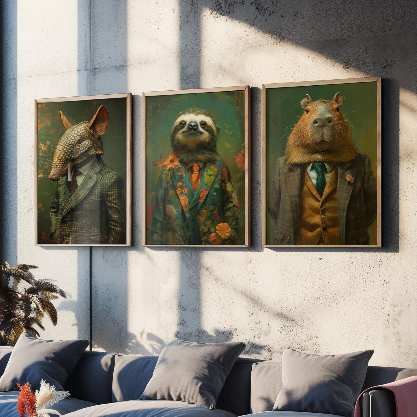 Animals in Suits Set of Three Art Prints - Armadillo, Sloth, Capybara Portrait Posters - Quirky Gentleman Animal Painting