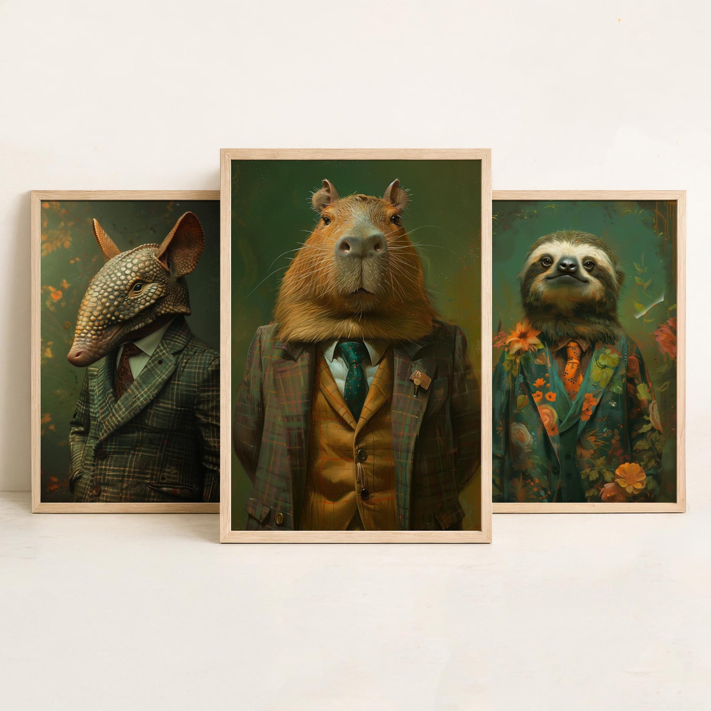 Animals in Suits Set of Three Art Prints - Armadillo, Sloth, Capybara Portrait Posters - Quirky Gentleman Animal Painting
