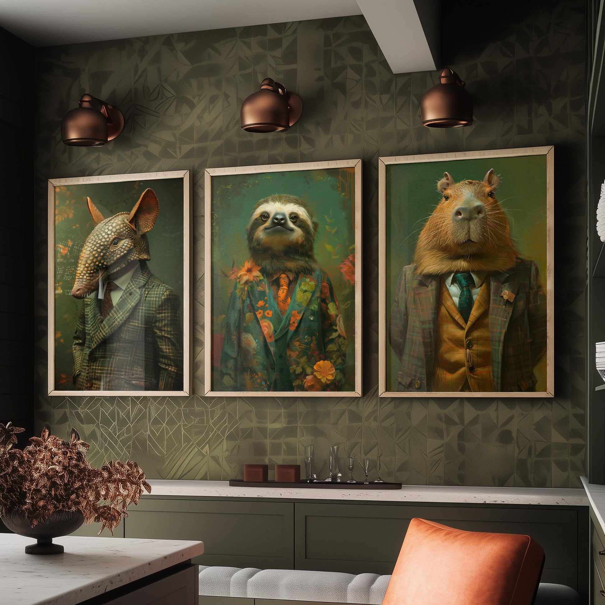 Animals in Suits Set of Three Art Prints - Armadillo, Sloth, Capybara Portrait Posters - Quirky Gentleman Animal Painting