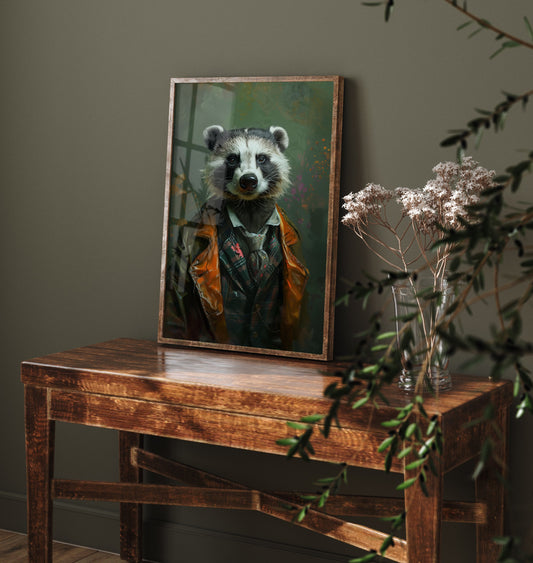 Badger in a Suit Art Print - Whimsical Animal Portrait Poster - Quirky Badger Painting - Dapper Gent 1/3