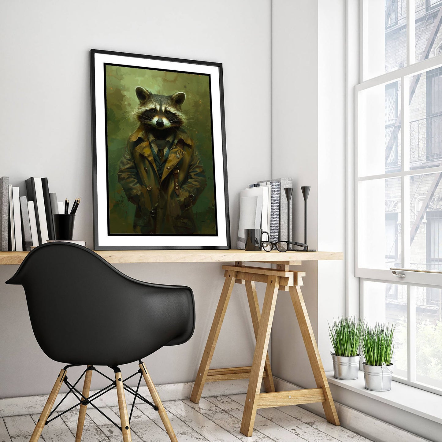 Raccoon in a Suit Art Print - Whimsical Animal Portrait Poster - Quirky Raccoon Painting - Trench Coat Dandy 2/3
