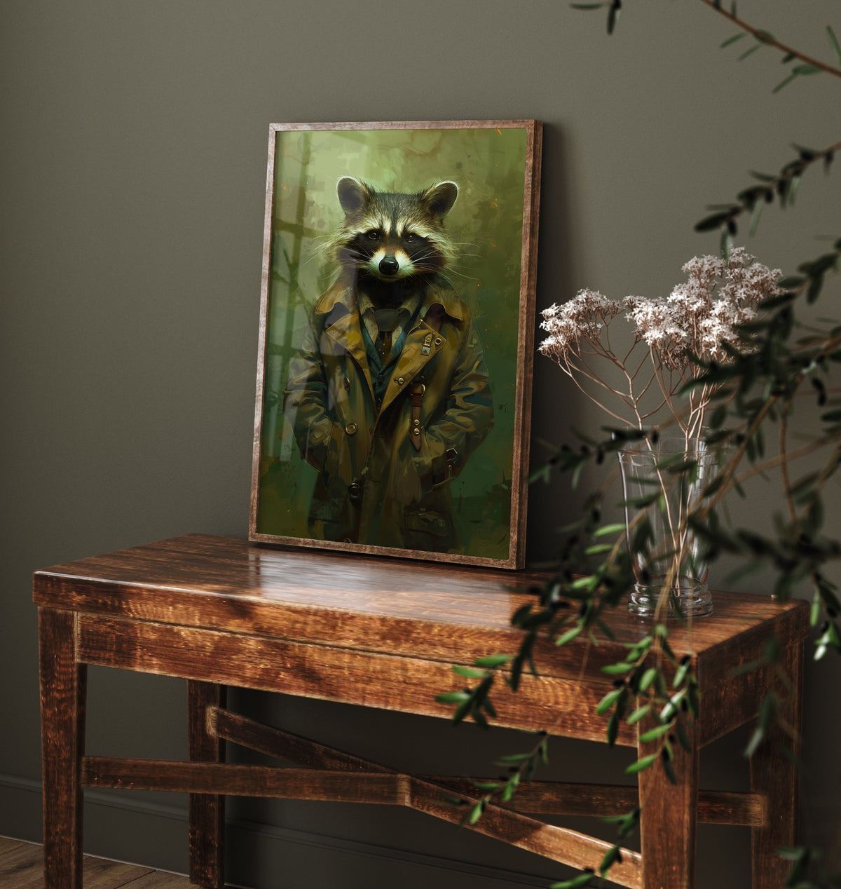 Raccoon in a Suit Art Print - Whimsical Animal Portrait Poster - Quirky Raccoon Painting - Trench Coat Dandy 2/3