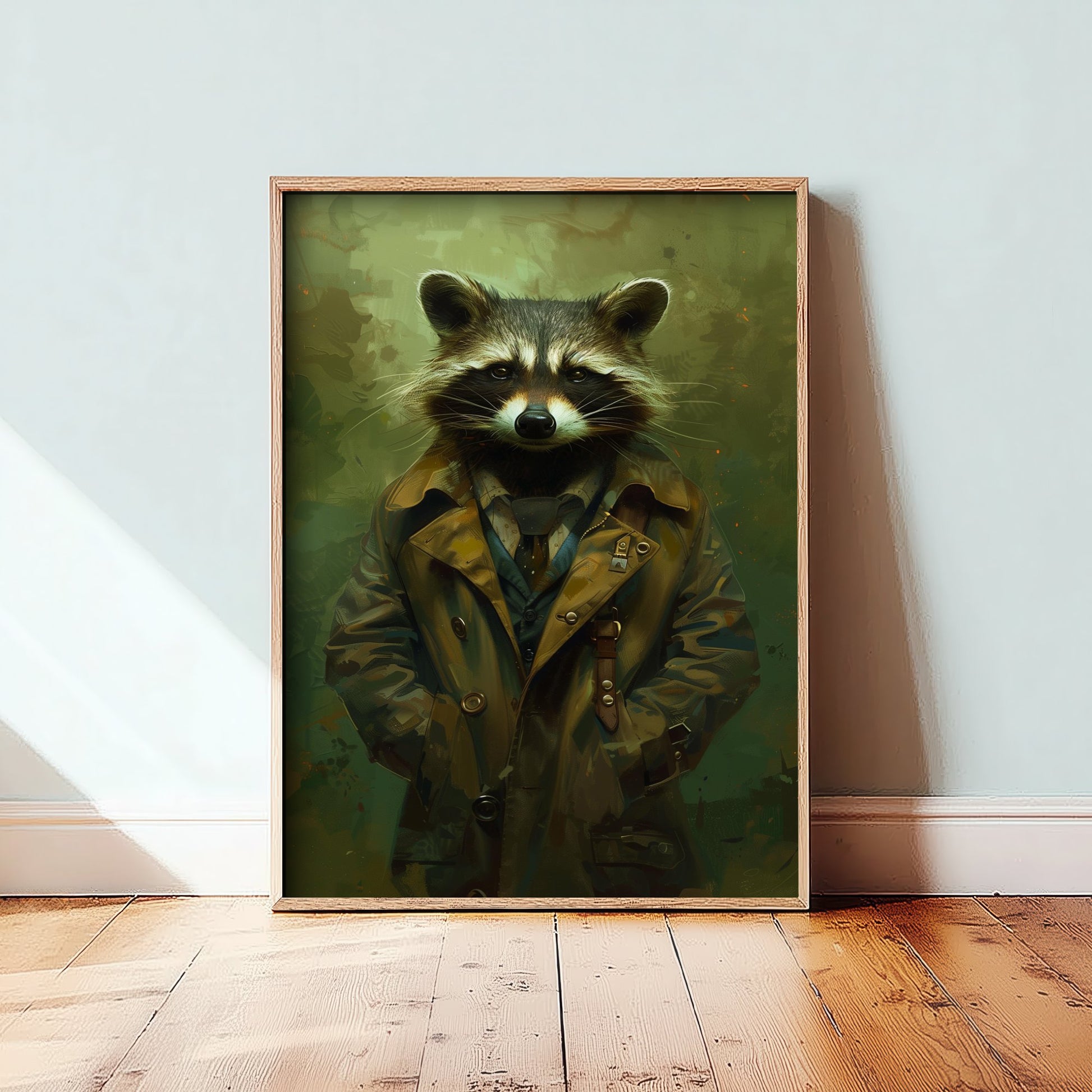 Raccoon in a Suit Art Print - Whimsical Animal Portrait Poster - Quirky Raccoon Painting - Trench Coat Dandy 2/3