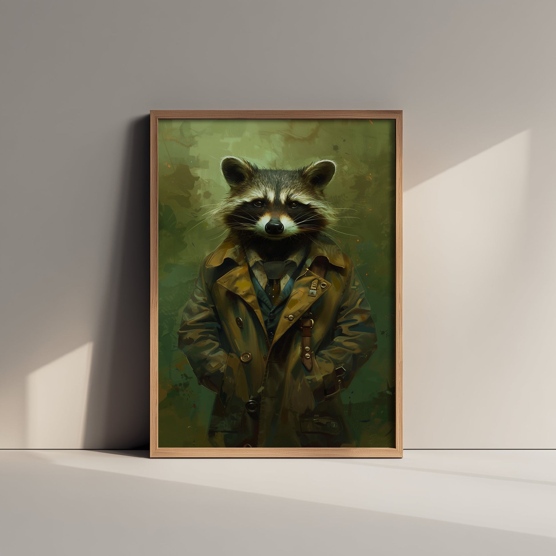 Raccoon in a Suit Art Print - Whimsical Animal Portrait Poster - Quirky Raccoon Painting - Trench Coat Dandy 2/3