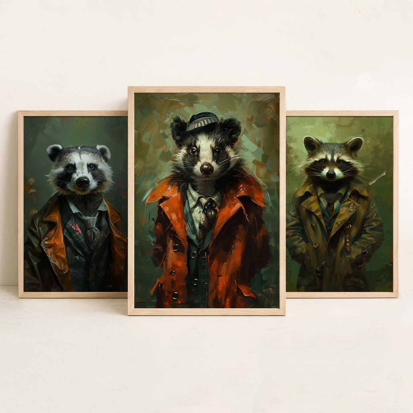 Animals in Suits Set of Three Art Prints - Badger, Raccoon, Skunk Posters - Woodland Rascals Portrait Painting Wall Decor