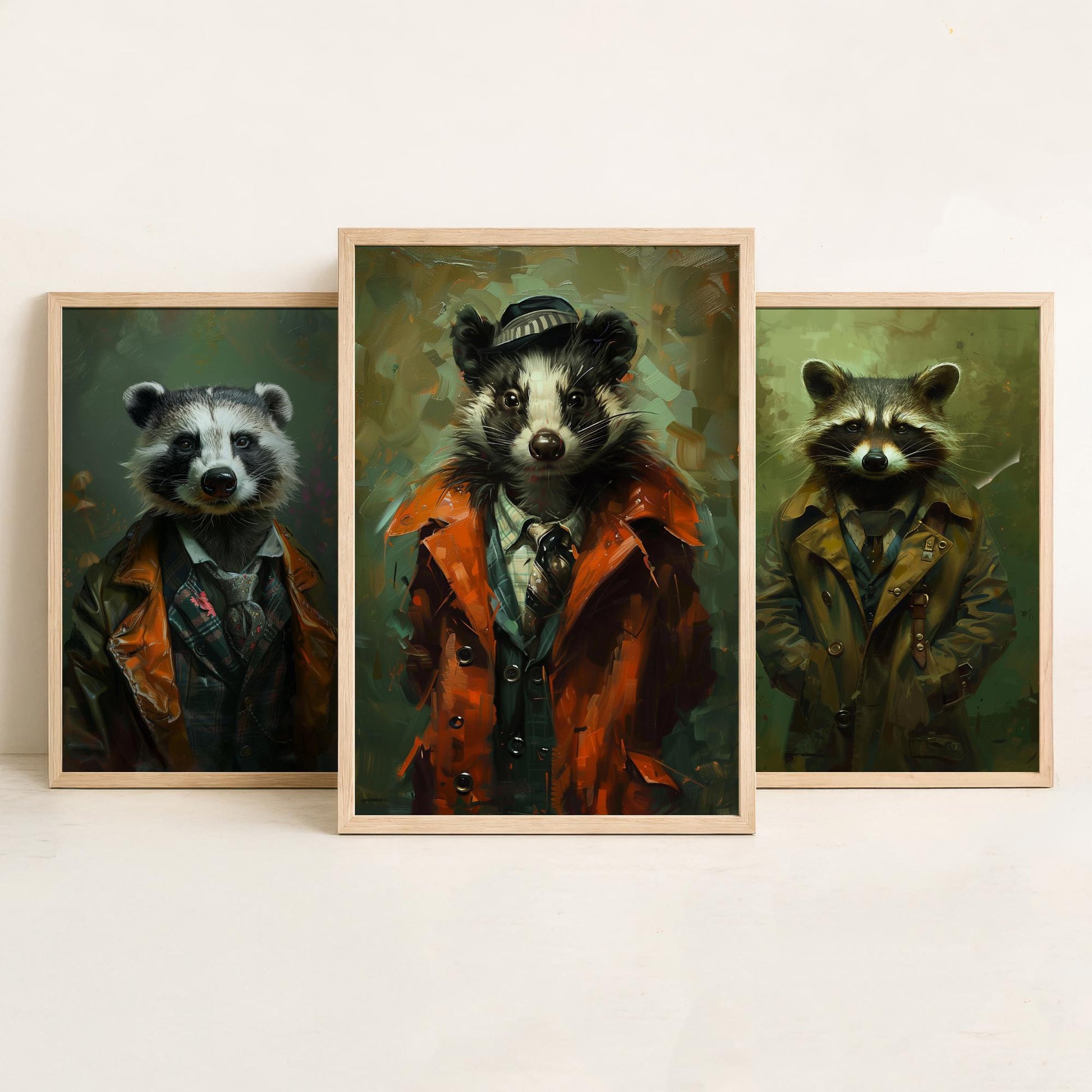 Animals in Suits Set of Three Art Prints - Badger, Raccoon, Skunk Posters - Woodland Rascals Portrait Painting Wall Decor