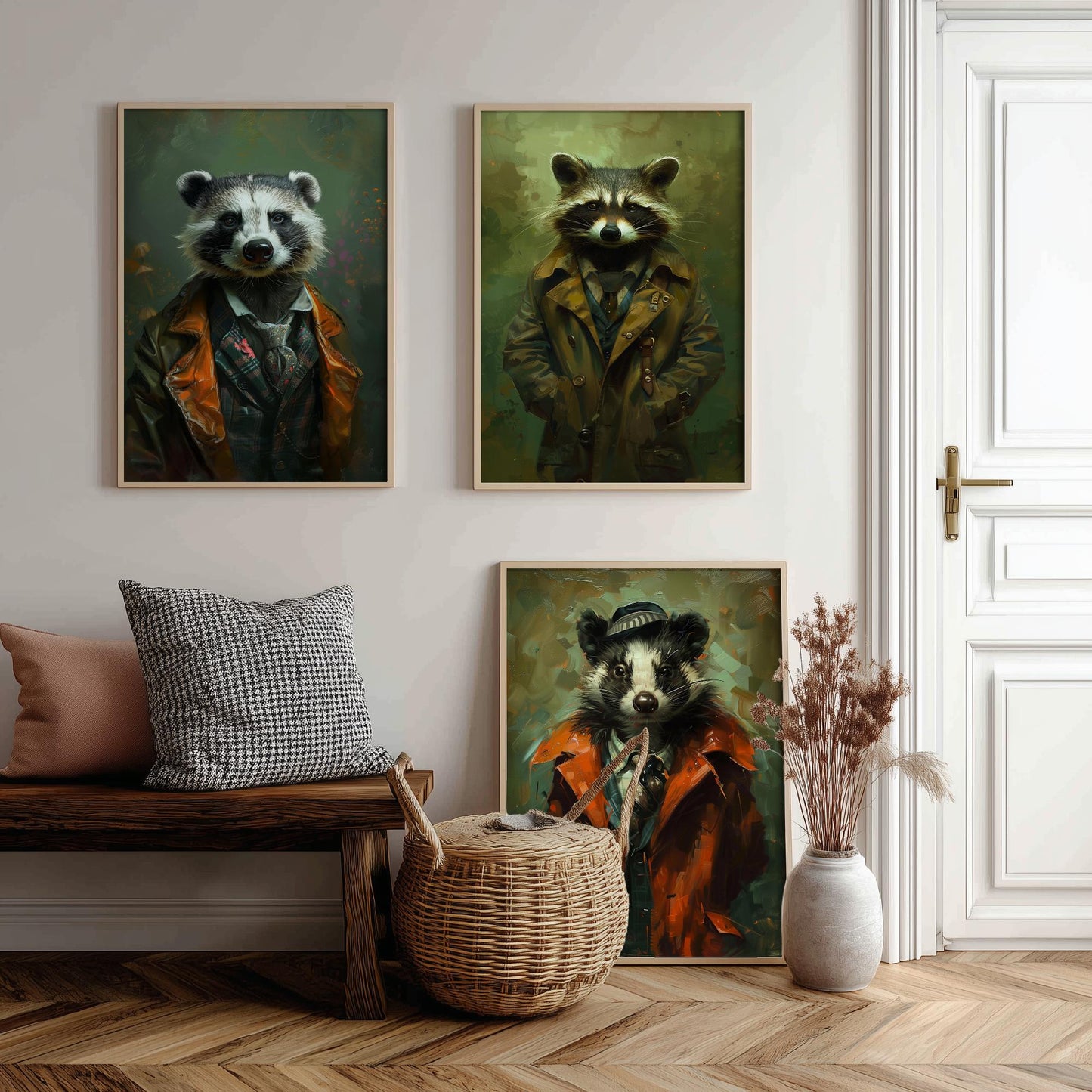 Animals in Suits Set of Three Art Prints - Badger, Raccoon, Skunk Posters - Woodland Rascals Portrait Painting Wall Decor
