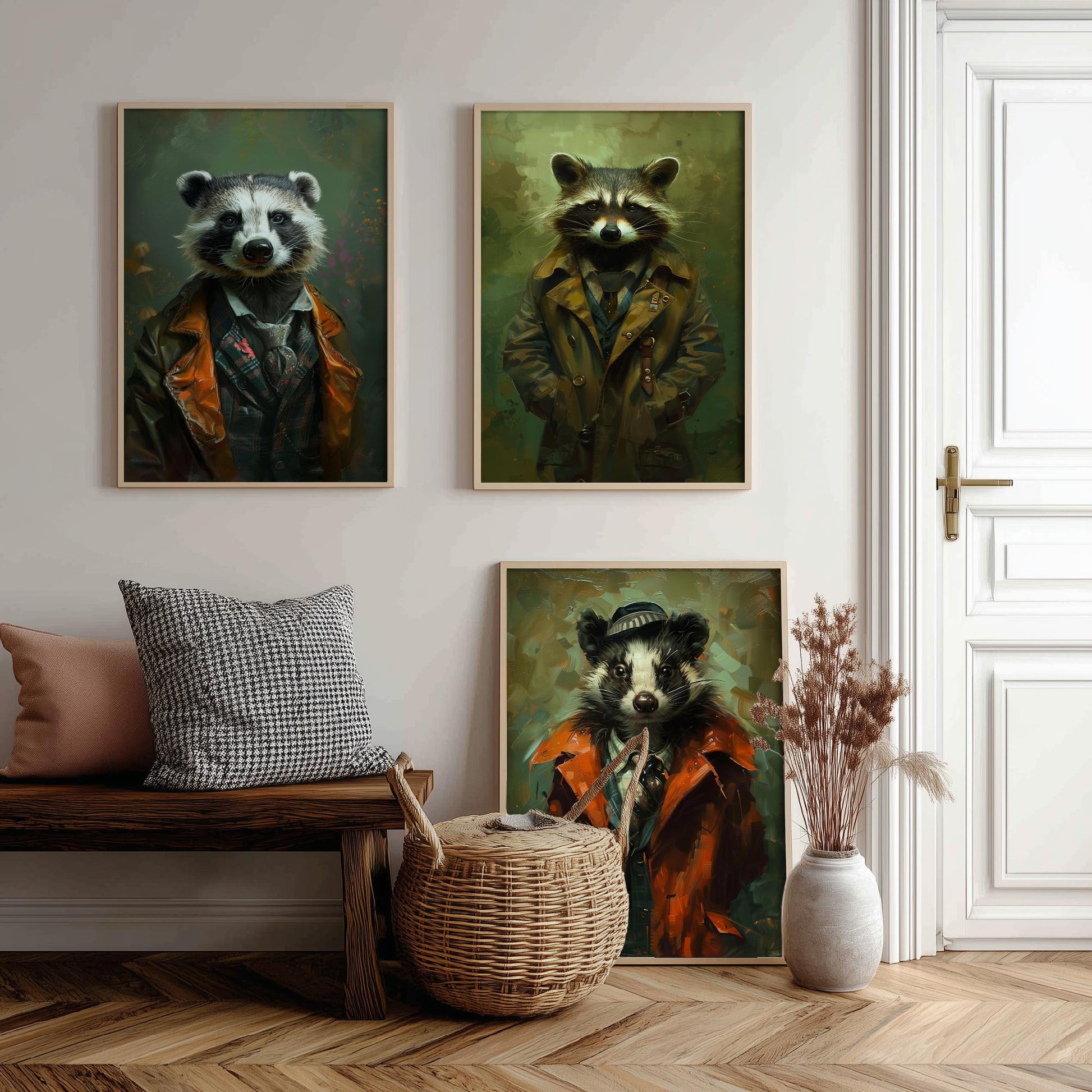 Animals in Suits Set of Three Art Prints - Badger, Raccoon, Skunk Posters - Woodland Rascals Portrait Painting Wall Decor