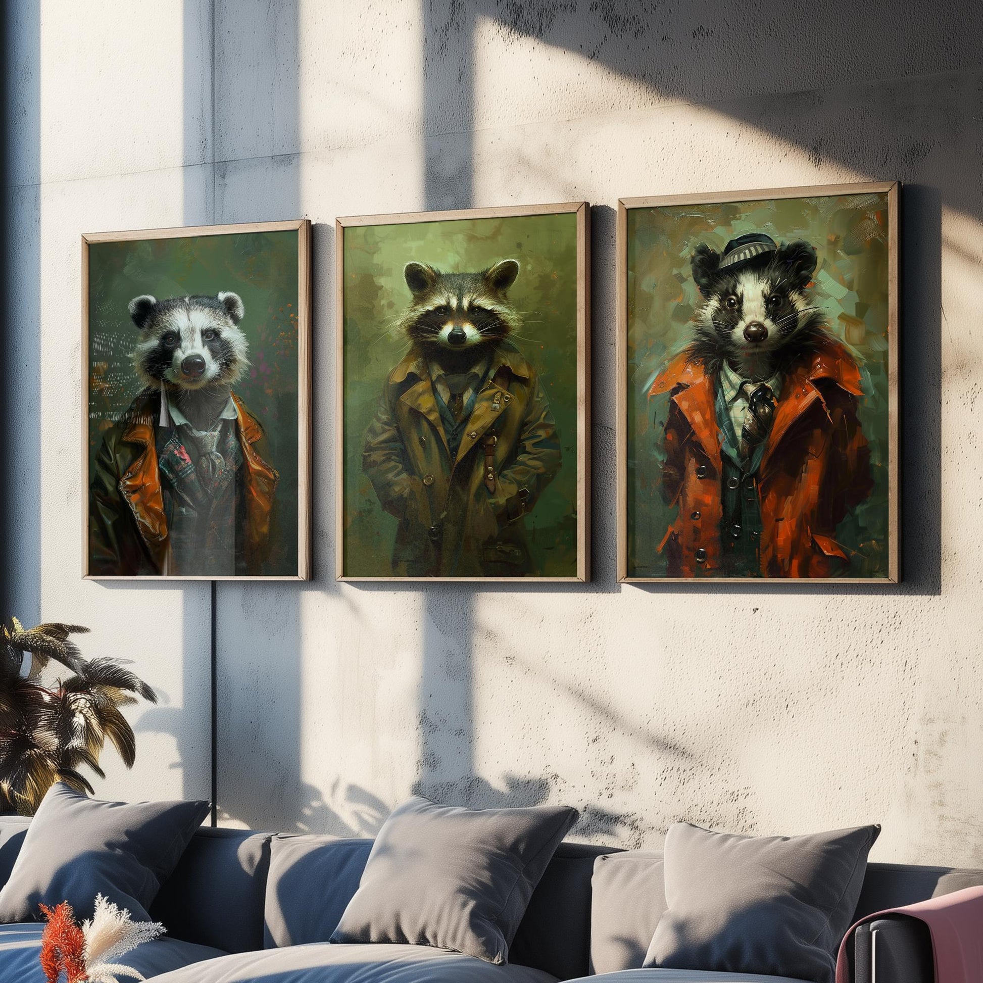 Animals in Suits Set of Three Art Prints - Badger, Raccoon, Skunk Posters - Woodland Rascals Portrait Painting Wall Decor