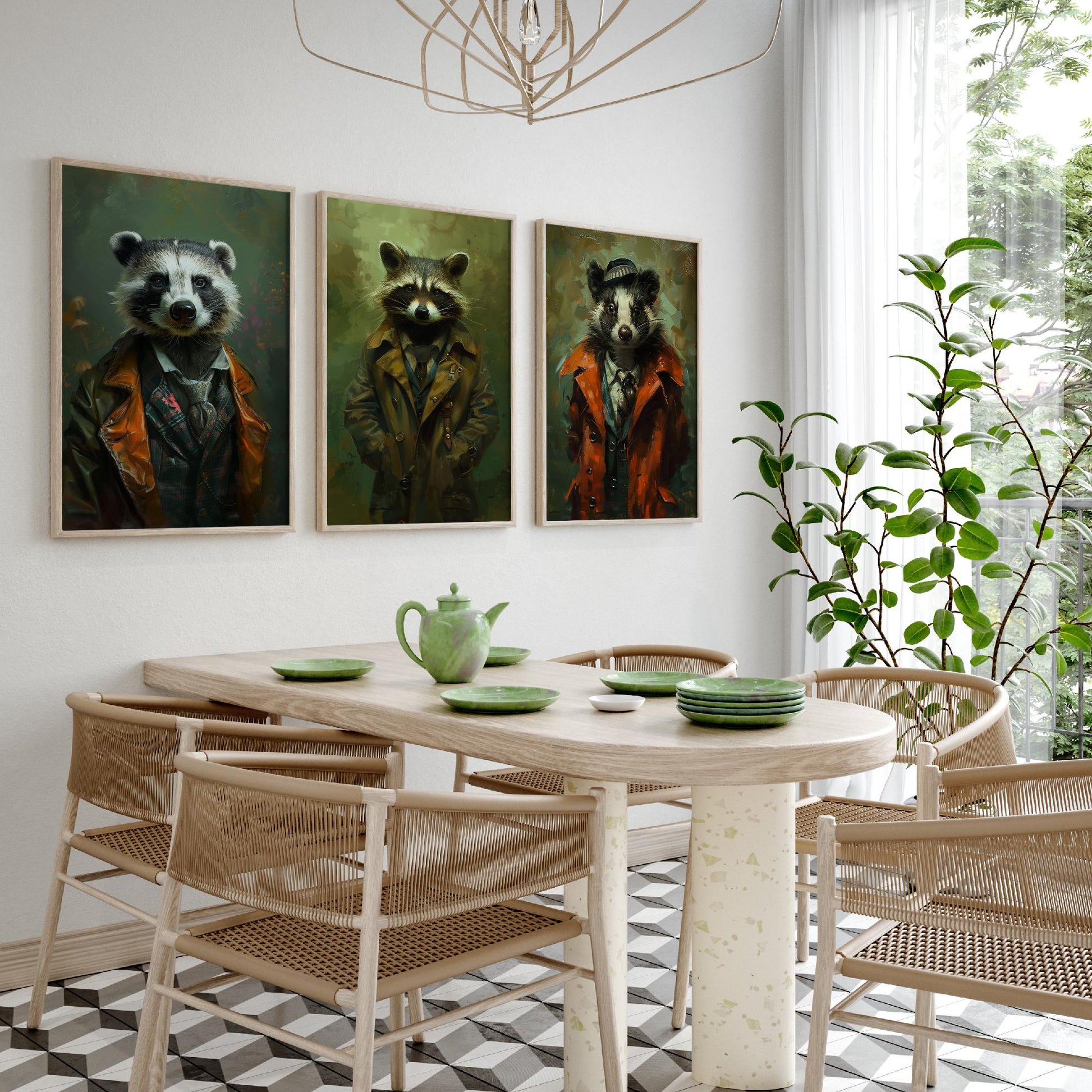 Animals in Suits Set of Three Art Prints - Badger, Raccoon, Skunk Posters - Woodland Rascals Portrait Painting Wall Decor