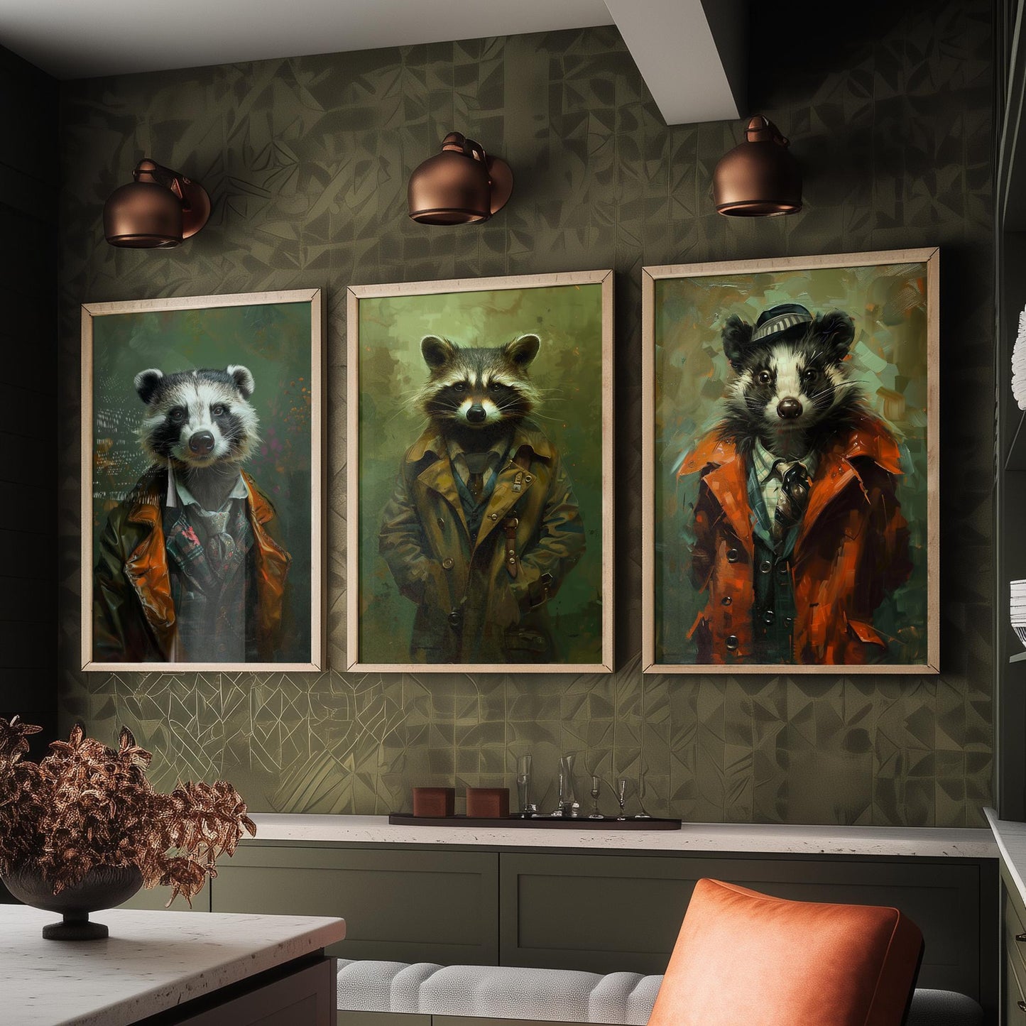 Animals in Suits Set of Three Art Prints - Badger, Raccoon, Skunk Posters - Woodland Rascals Portrait Painting Wall Decor