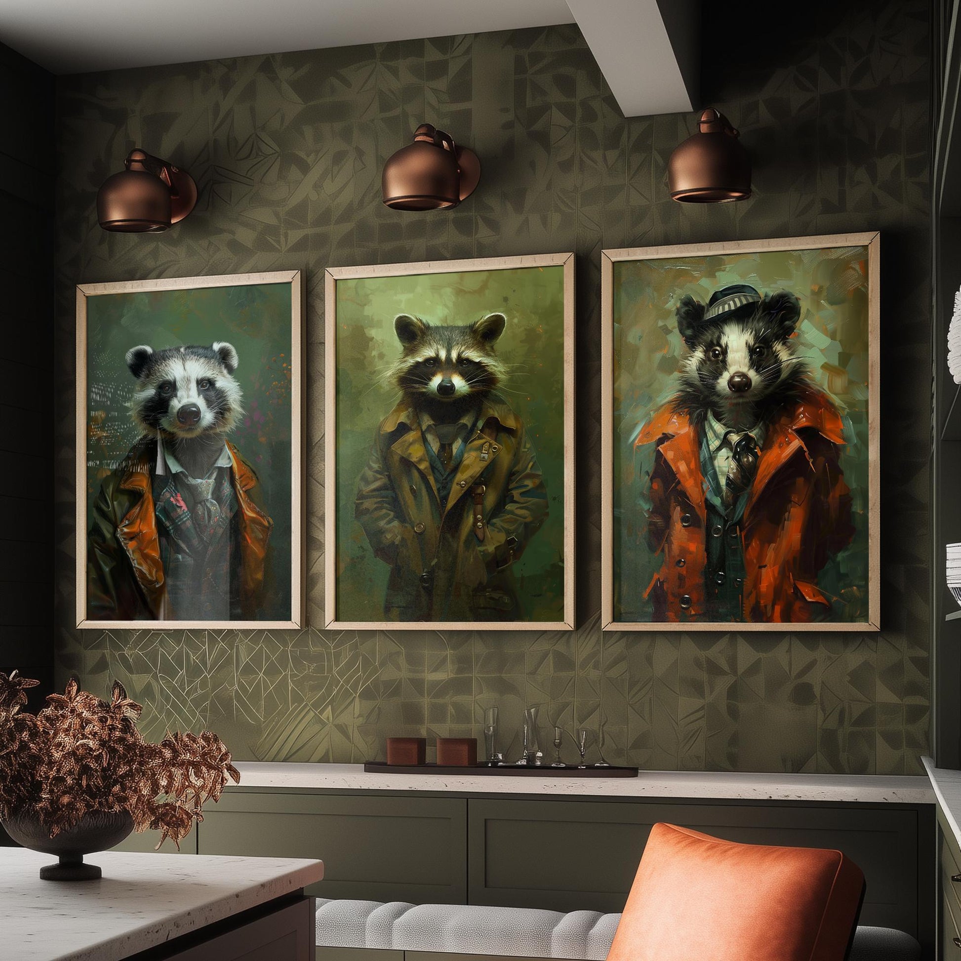 Animals in Suits Set of Three Art Prints - Badger, Raccoon, Skunk Posters - Woodland Rascals Portrait Painting Wall Decor