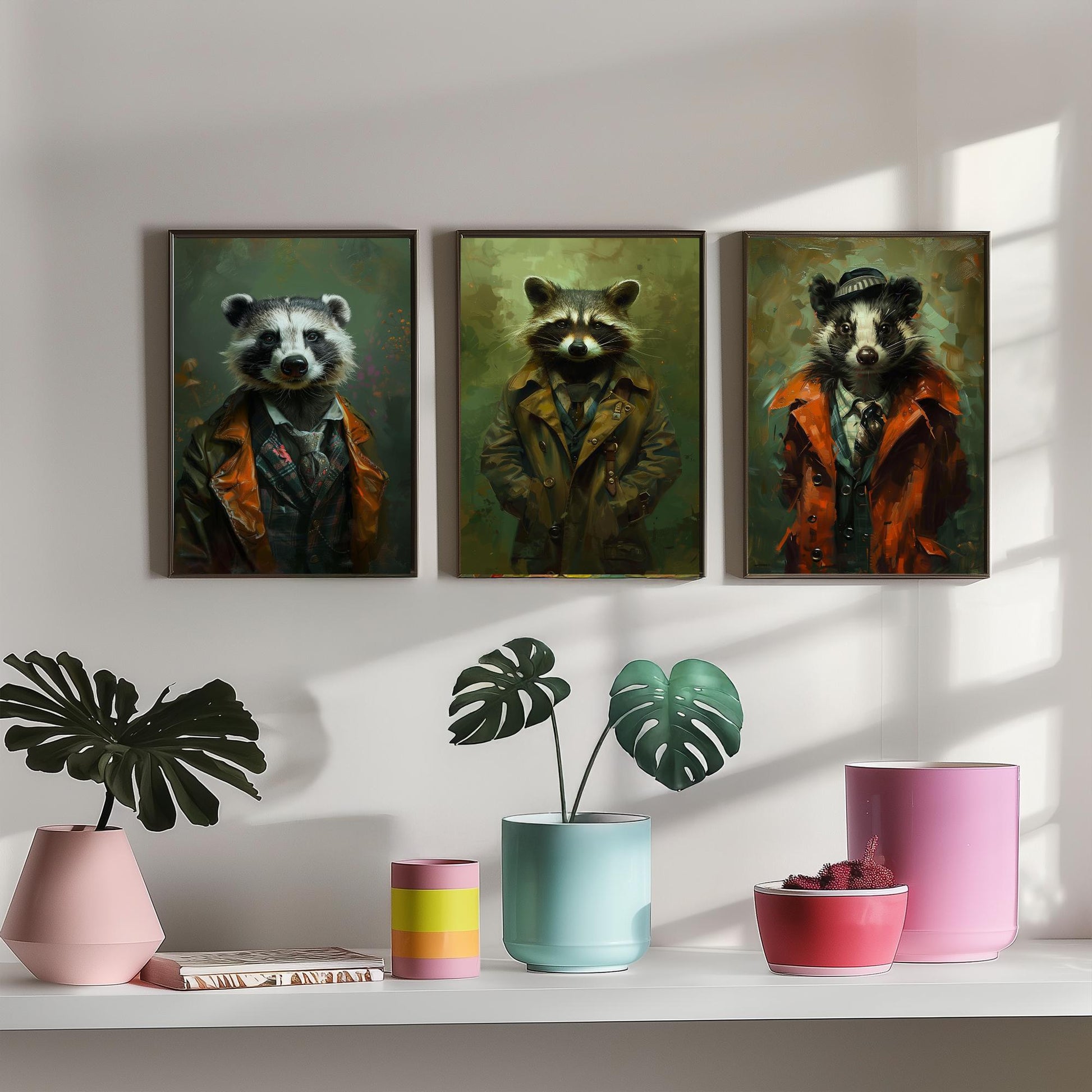 Animals in Suits Set of Three Art Prints - Badger, Raccoon, Skunk Posters - Woodland Rascals Portrait Painting Wall Decor