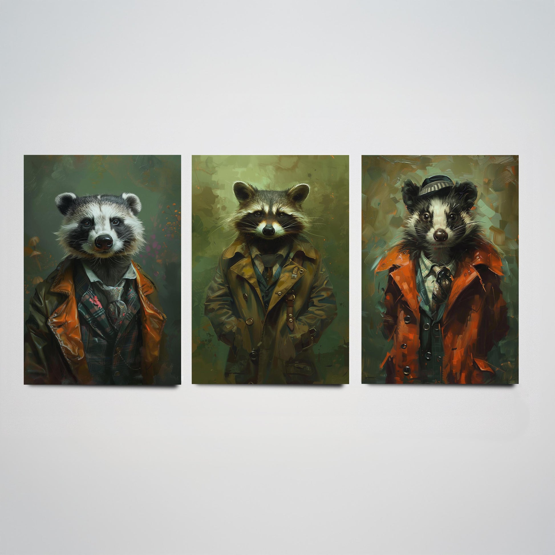 Animals in Suits Set of Three Art Prints - Badger, Raccoon, Skunk Posters - Woodland Rascals Portrait Painting Wall Decor