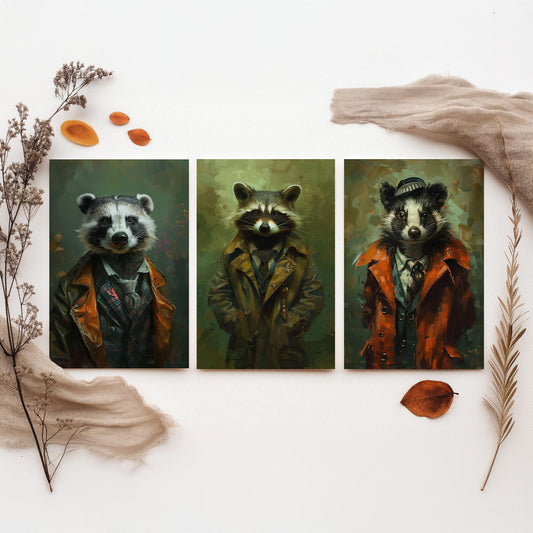 Animals in Suits Set of Three Art Prints - Badger, Raccoon, Skunk Posters - Woodland Rascals Portrait Painting Wall Decor